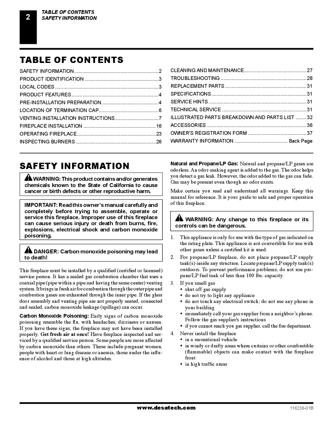 Desa (V)VC42P SERIES, (V)VC42N SERIES installation manual Table of Contents, Safety Information 