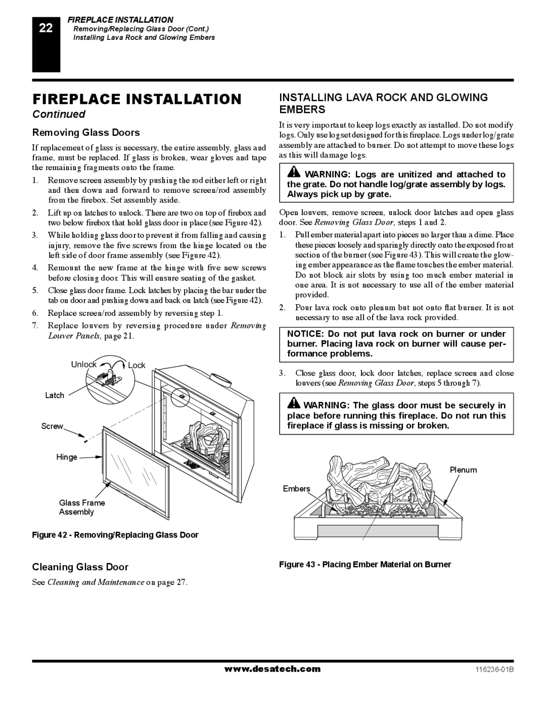 Desa (V)VC42P SERIES, (V)VC42N SERIES Installing Lava Rock and Glowing Embers, Removing Glass Doors, Cleaning Glass Door 