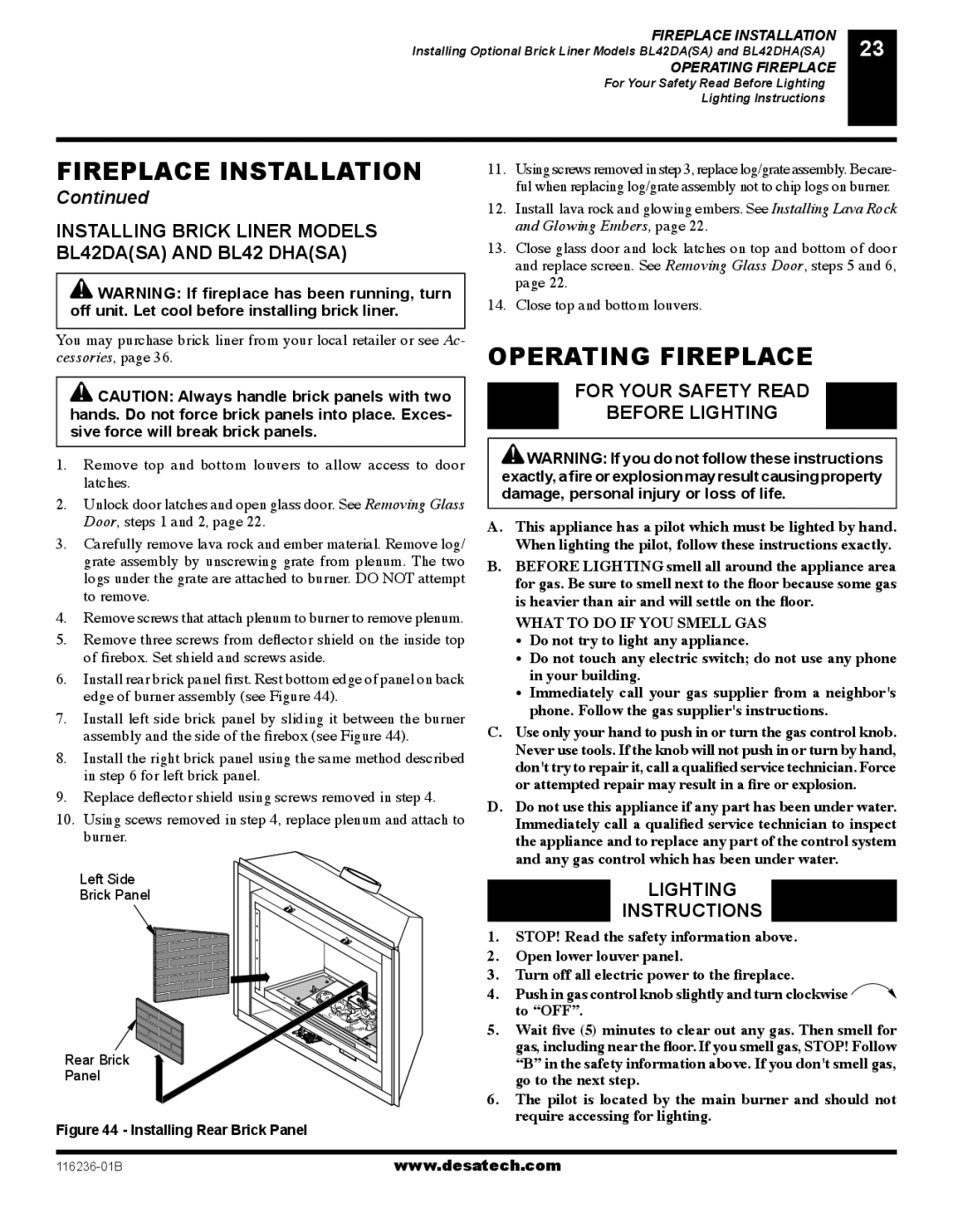 Desa (V)VC42N SERIES Operating Fireplace, Installing Brick Liner Models BL42DASA and BL42 Dhasa, Lighting Instructions 