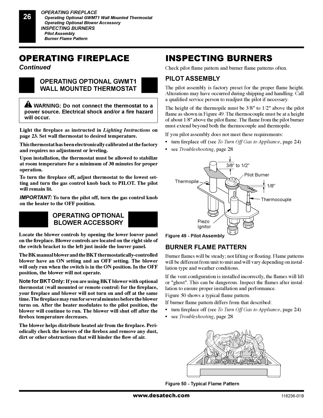 Desa (V)VC42P SERIES, (V)VC42N SERIES Inspecting Burners, Operating Optional GWMT1 Wall Mounted Thermostat, Pilot Assembly 