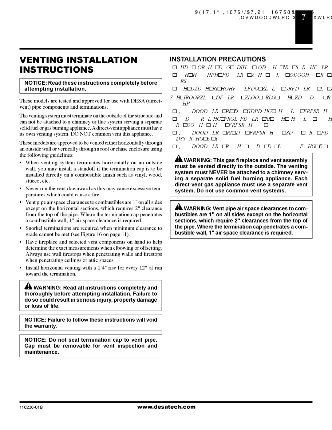 Desa (V)VC42N SERIES, (V)VC42P SERIES installation manual Venting Installation Instructions, Installation Precautions 