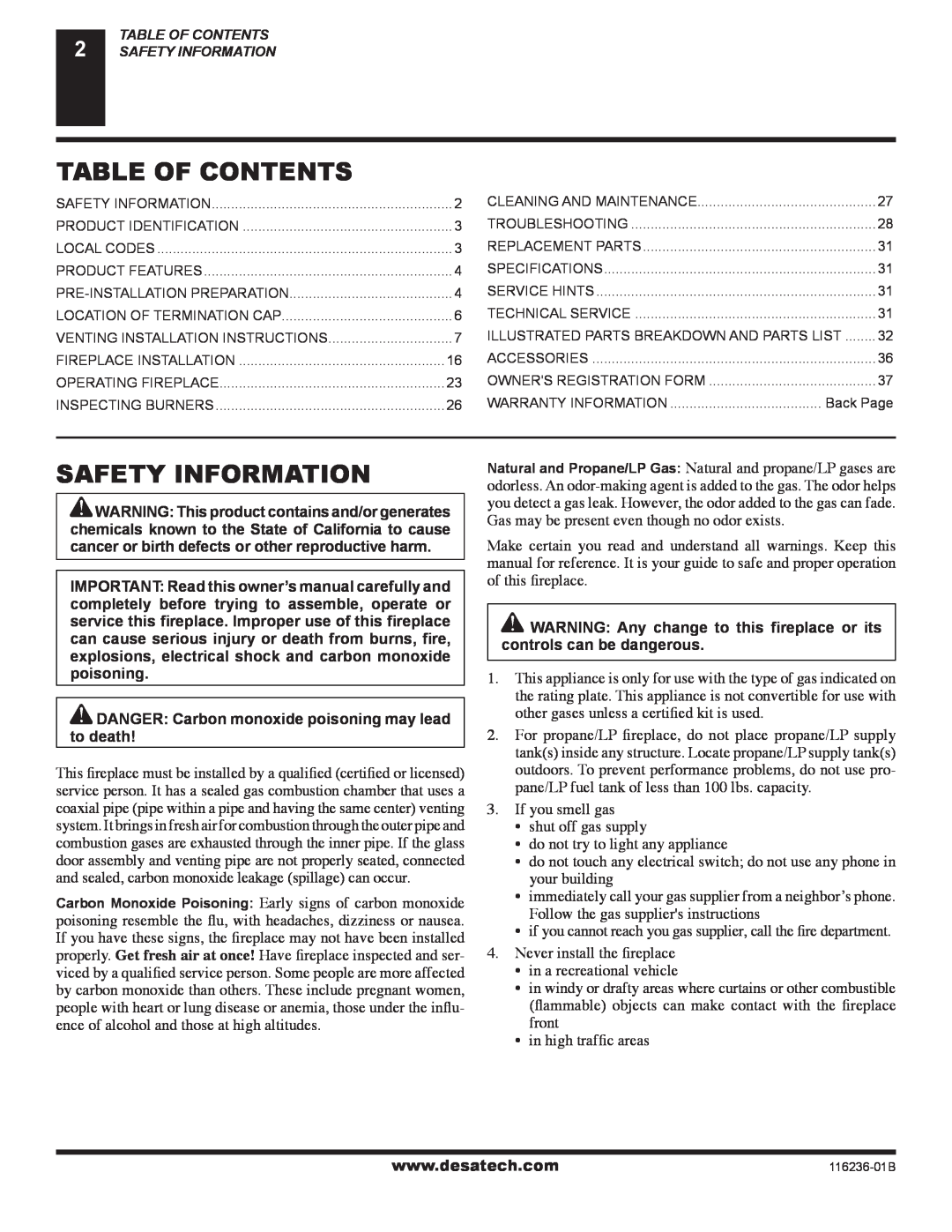 Desa (V)VC42P SERIES, (V)VC42N SERIES installation manual Table Of Contents, Safety Information 
