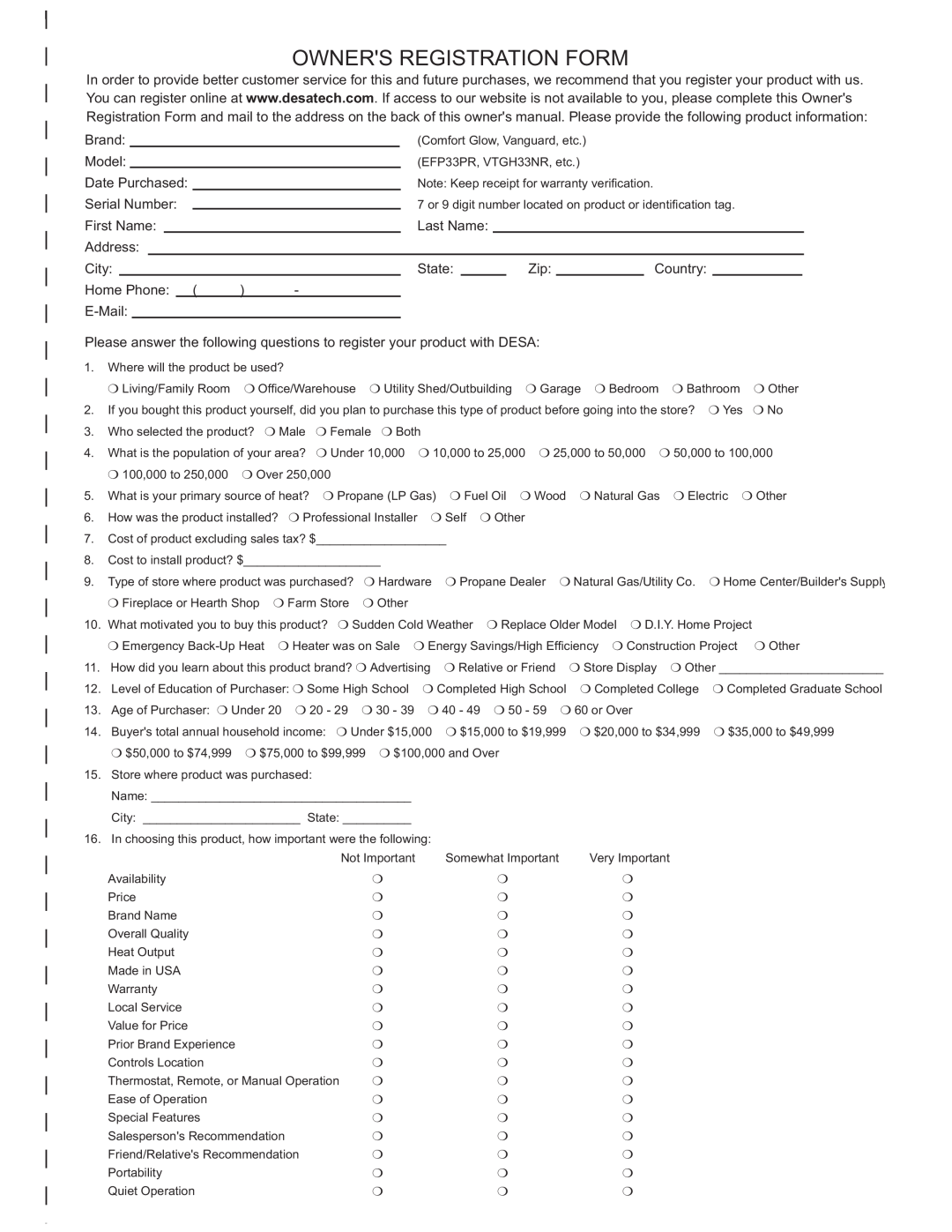 Desa (V)VC42N SERIES, (V)VC42P SERIES installation manual Owners Registration Form 