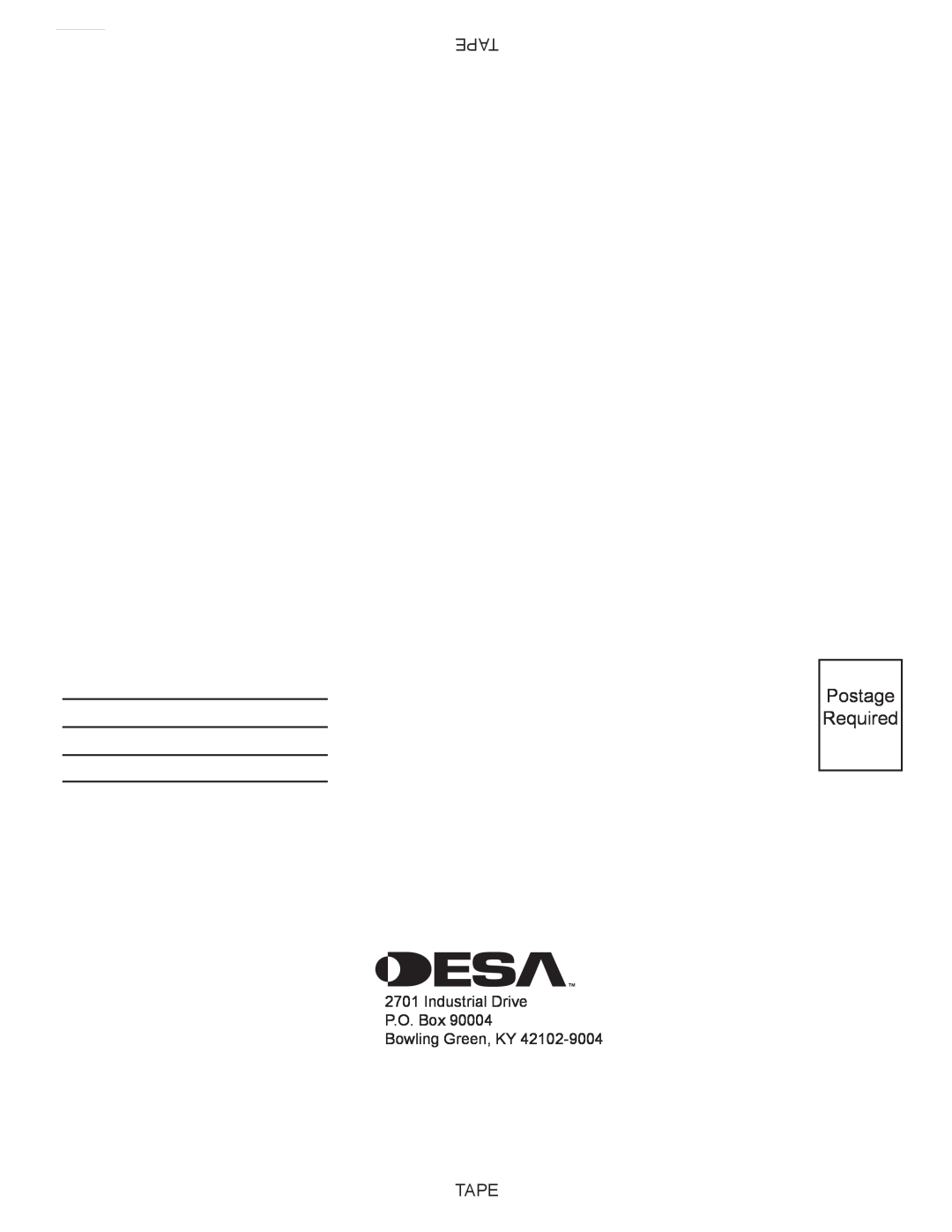 Desa (V)VC42P SERIES, (V)VC42N SERIES installation manual Postage Required, Tape 
