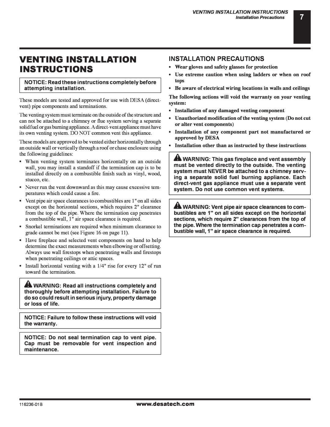 Desa (V)VC42N SERIES, (V)VC42P SERIES installation manual Venting Installation Instructions, Installation Precautions 