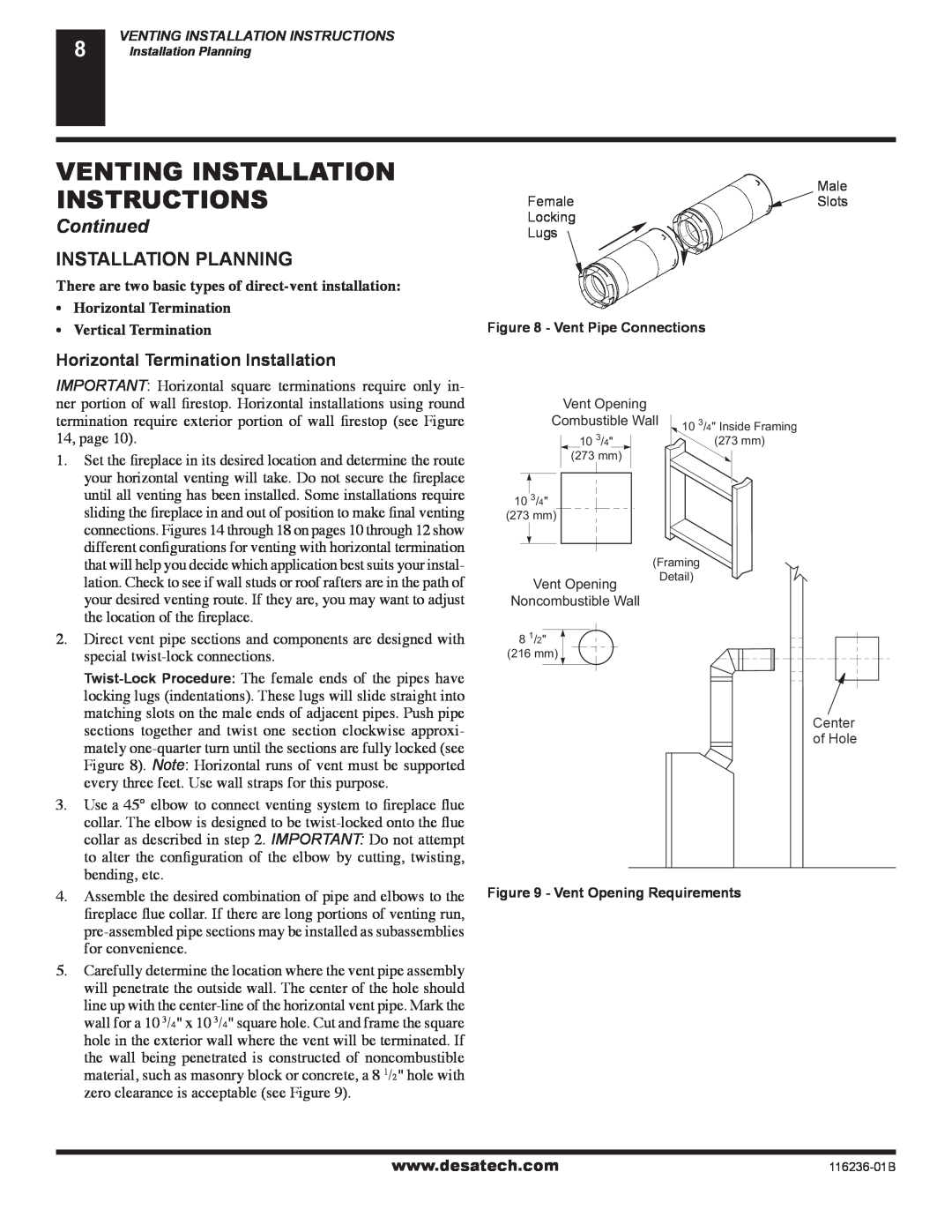 Desa (V)VC42P SERIES Installation Planning, Horizontal Termination Installation, Venting Installation Instructions 