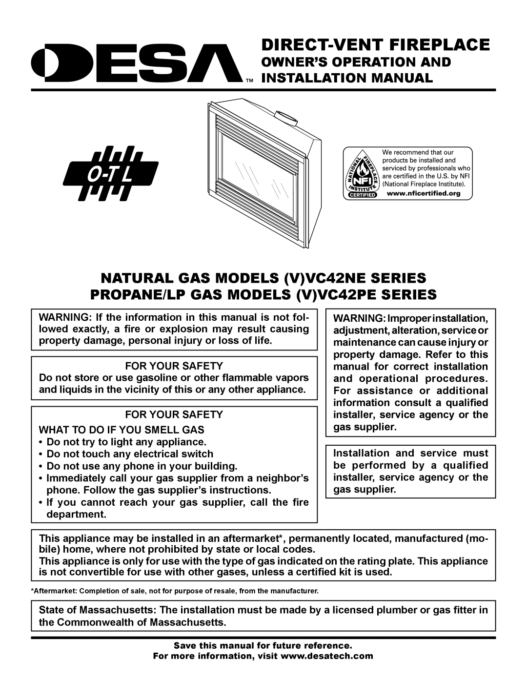 Desa (V)VC42PE Series installation manual For Your Safety What to do if YOU Smell GAS 