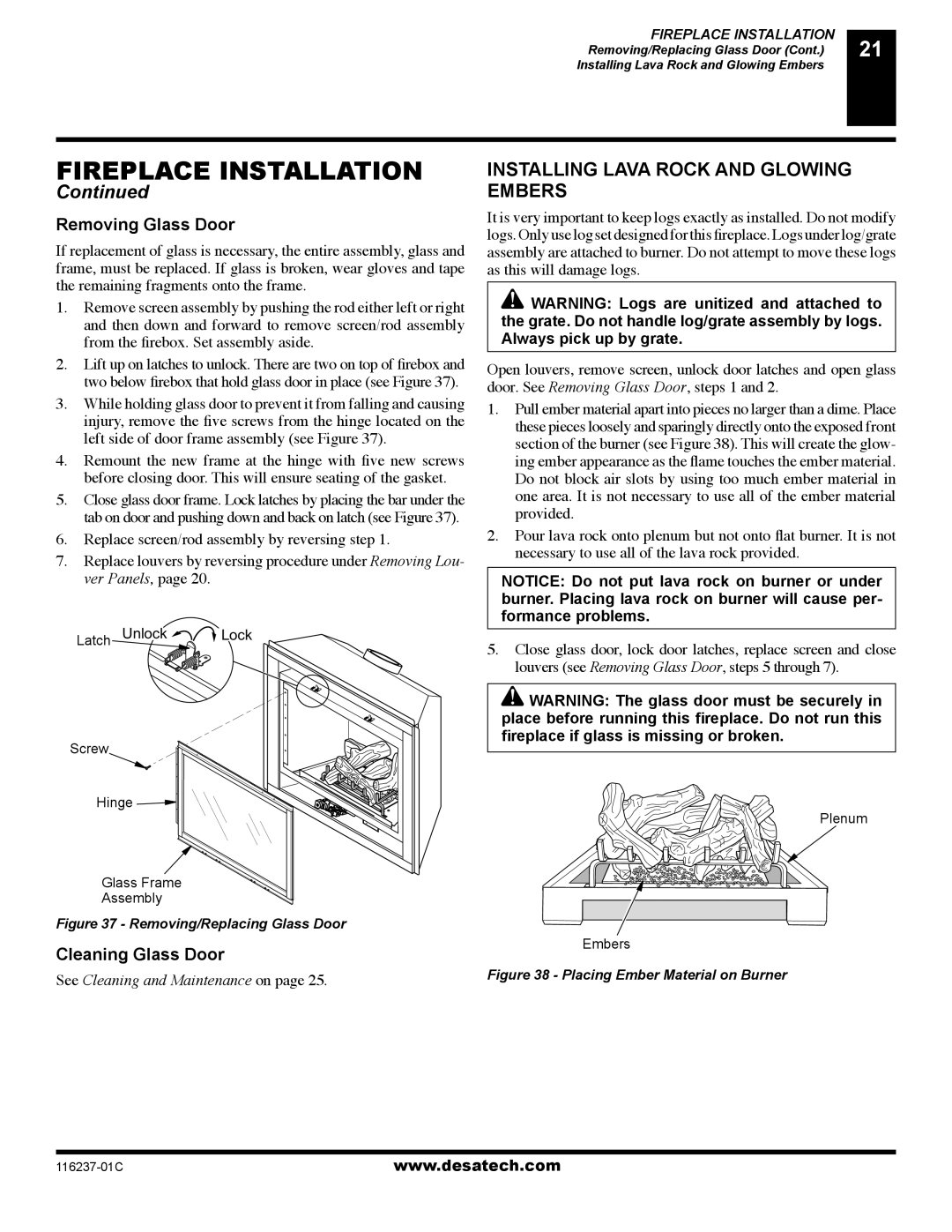 Desa (V)VC42PE Series installation manual Installing Lava Rock and Glowing Embers, Removing Glass Door, Cleaning Glass Door 