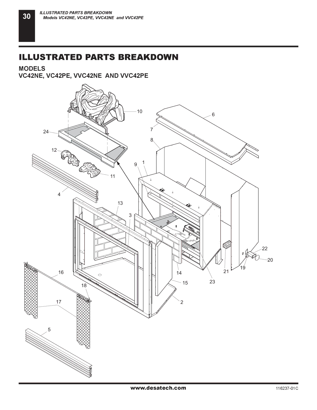 Desa (V)VC42PE Series installation manual Illustrated Parts Breakdown, Models VC42NE, VC42PE, VVC42NE and VVC42PE 