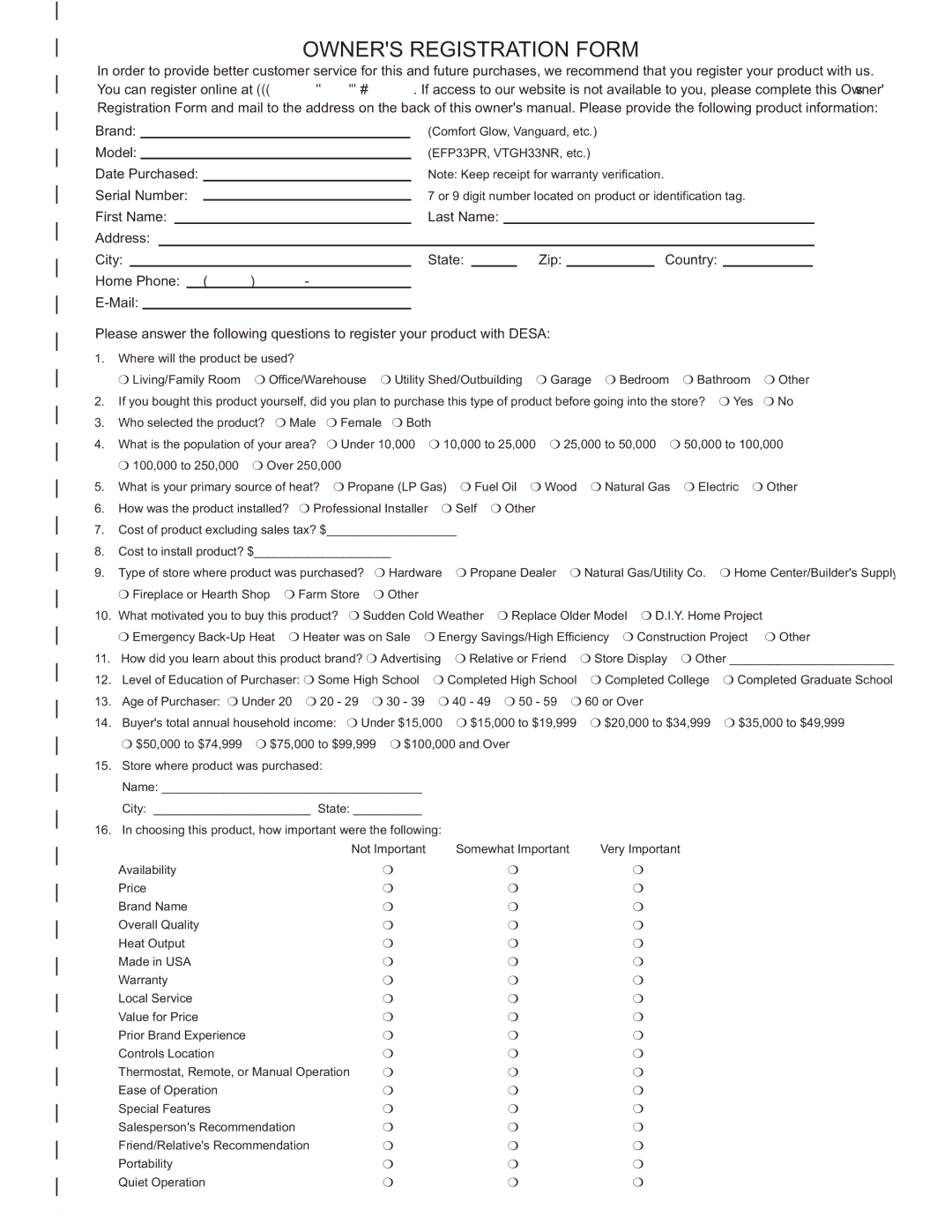 Desa (V)VC42PE Series installation manual Owners Registration Form 