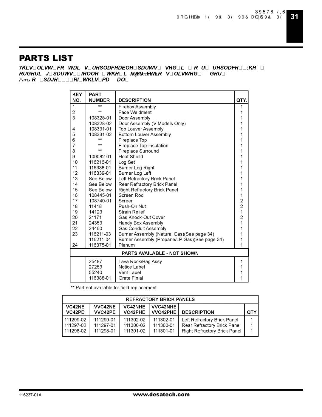 Desa (V)VC42NE, (V)VC42PE installation manual Parts List, KEY Part Number Description QTY 