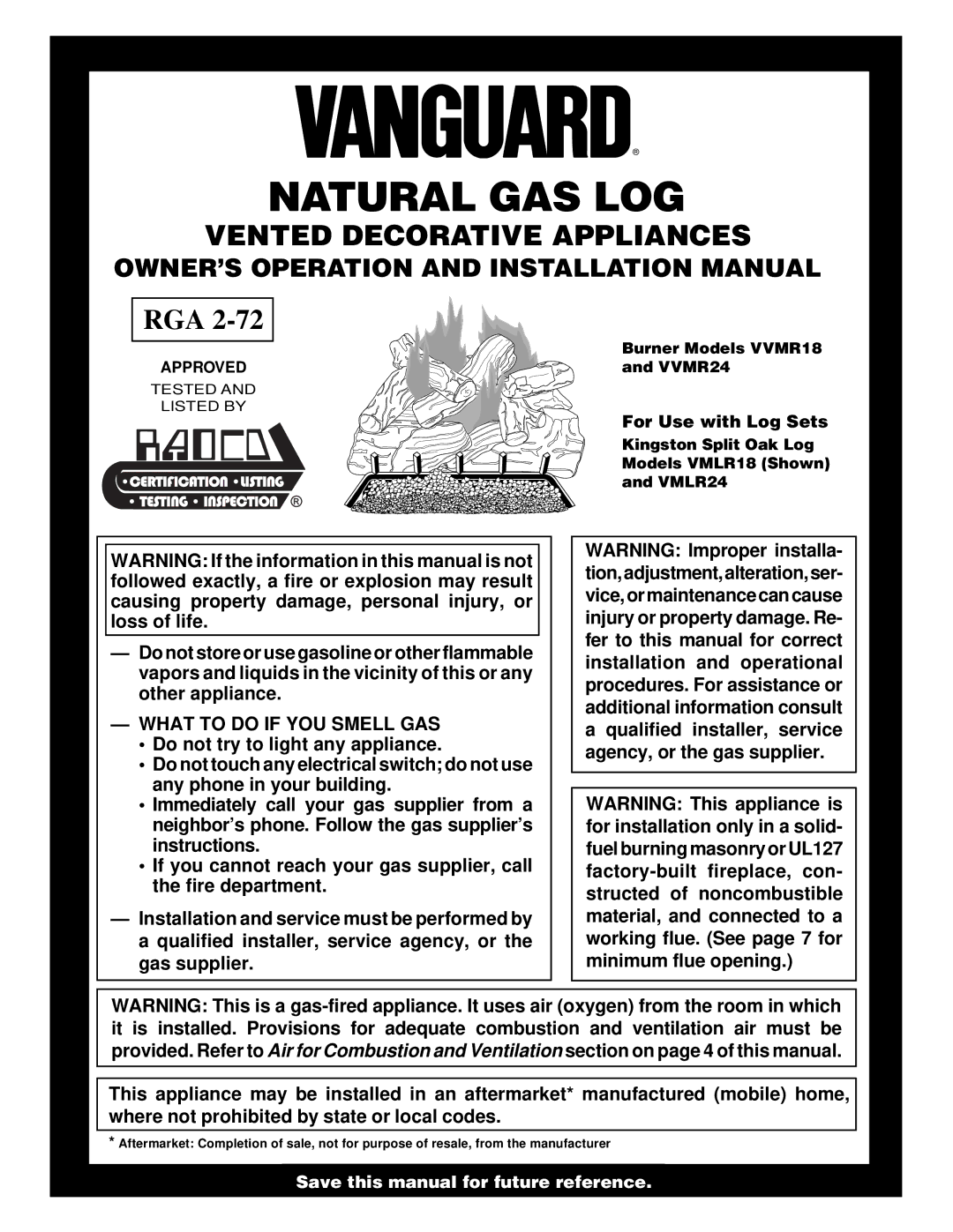 Desa VVMR18, VVMR24 installation manual OWNER’S Operation and Installation Manual, What to do if YOU Smell GAS 