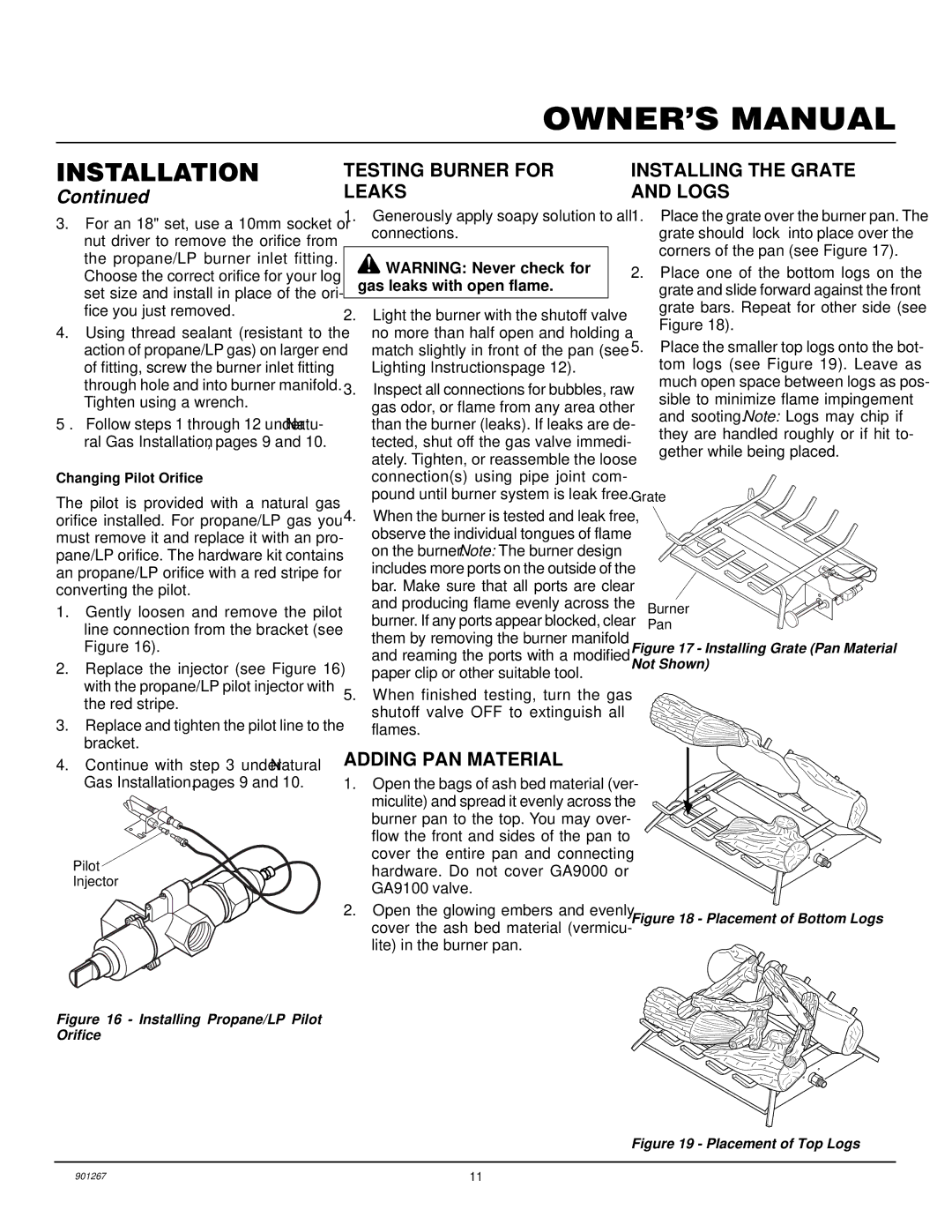 Desa VVMR18, VVMR24 installation manual Testing Burner for Leaks, Adding PAN Material, Installing the Grate and Logs 