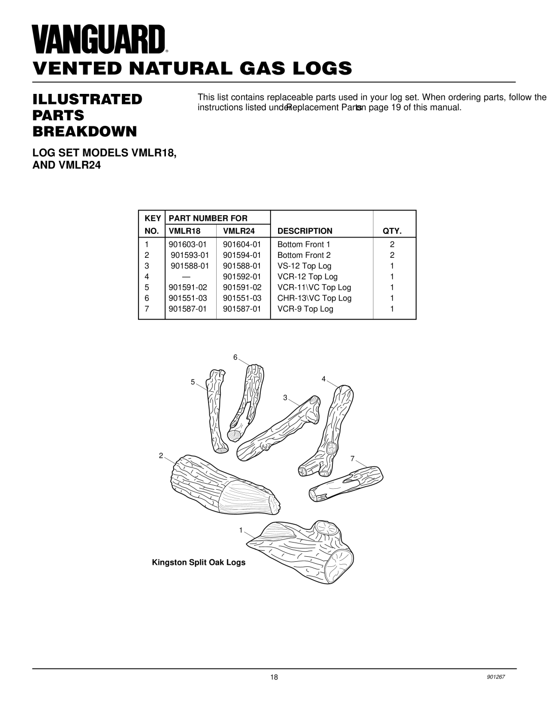 Desa VVMR24, VVMR18 installation manual LOG SET Models VMLR18, and VMLR24, KEY Part Number for VMLR18 VMLR24 Description QTY 