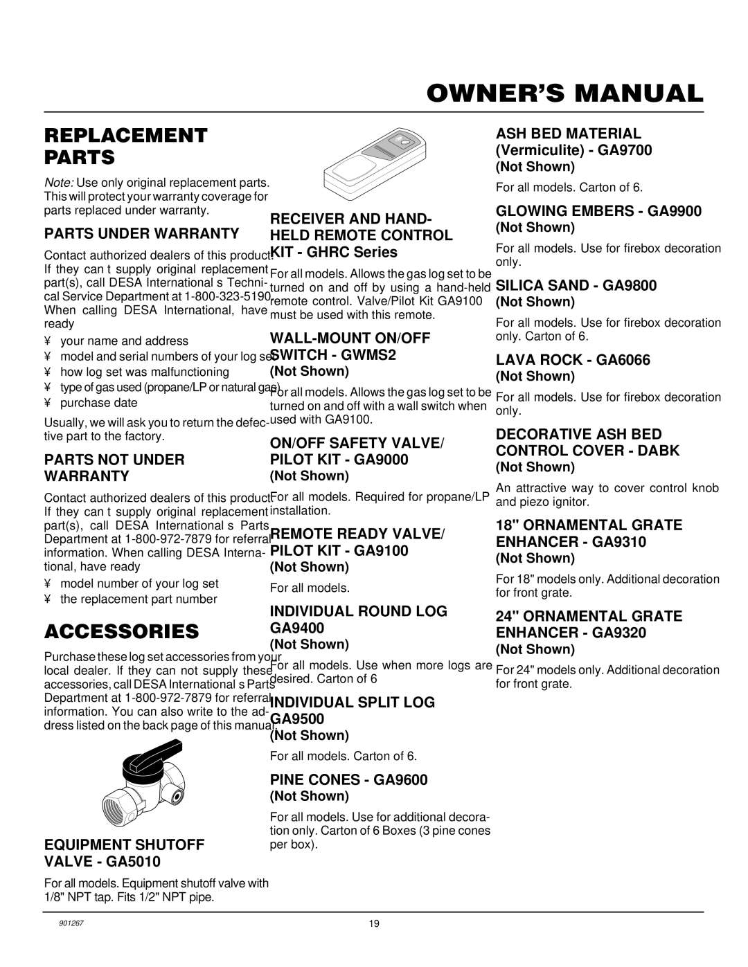 Desa VVMR18, VVMR24 installation manual Replacement Parts, Accessories 