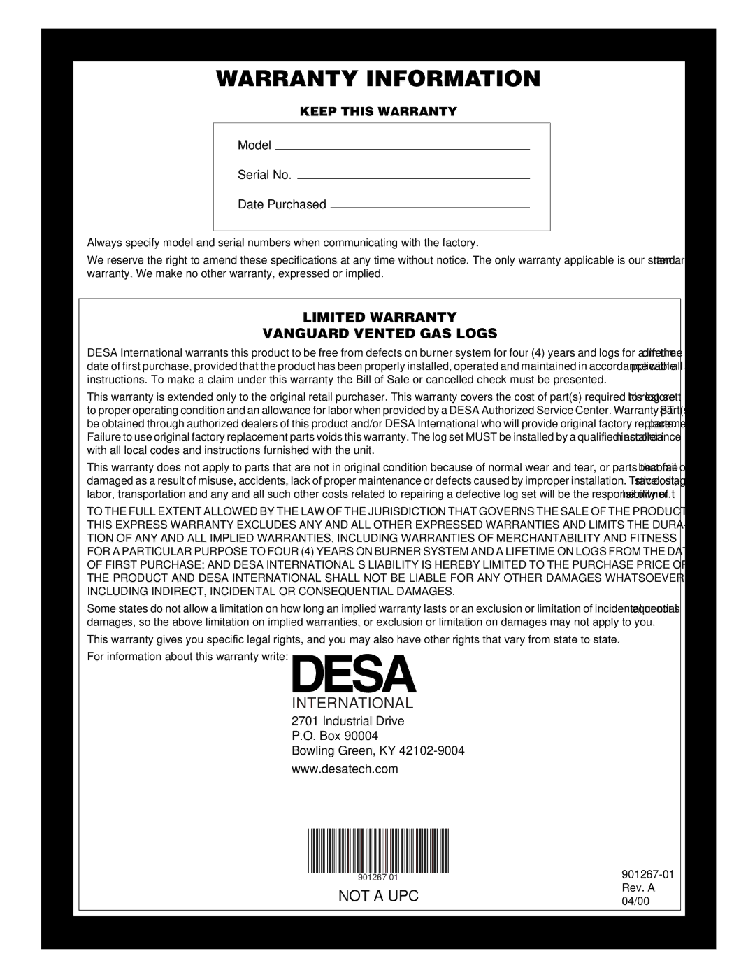 Desa VVMR24, VVMR18 installation manual Warranty Information, International 