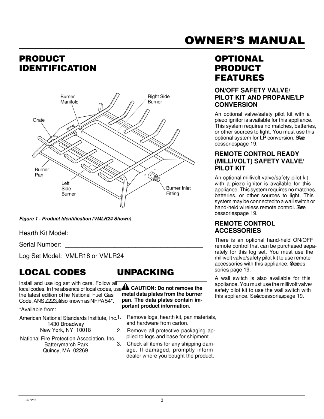 Desa VVMR18, VVMR24 Product Identification, Local Codes Unpacking Optional Product Features, Remote Control Accessories 