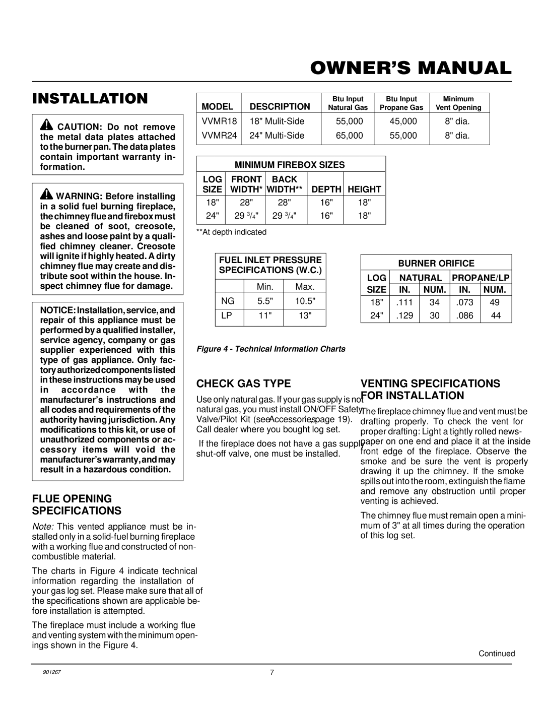 Desa VVMR18, VVMR24 Flue Opening Specifications, Check GAS Type, Venting Specifications for Installation 