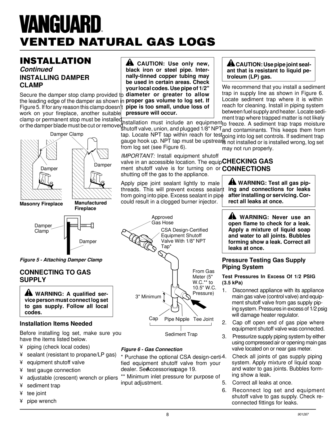 Desa VVMR24, VVMR18 Installing Damper Clamp, Checking GAS Connections, Connecting to GAS Supply, Installation Items Needed 