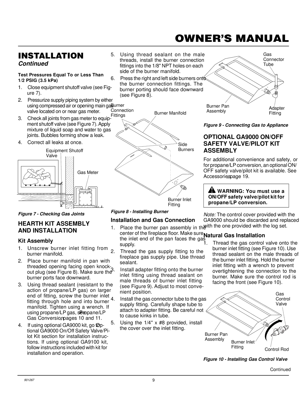 Desa VVMR18 Hearth KIT Assembly and Installation, Optional GA9000 ON/OFF Safety VALVE/PILOT KIT Assembly, Kit Assembly 