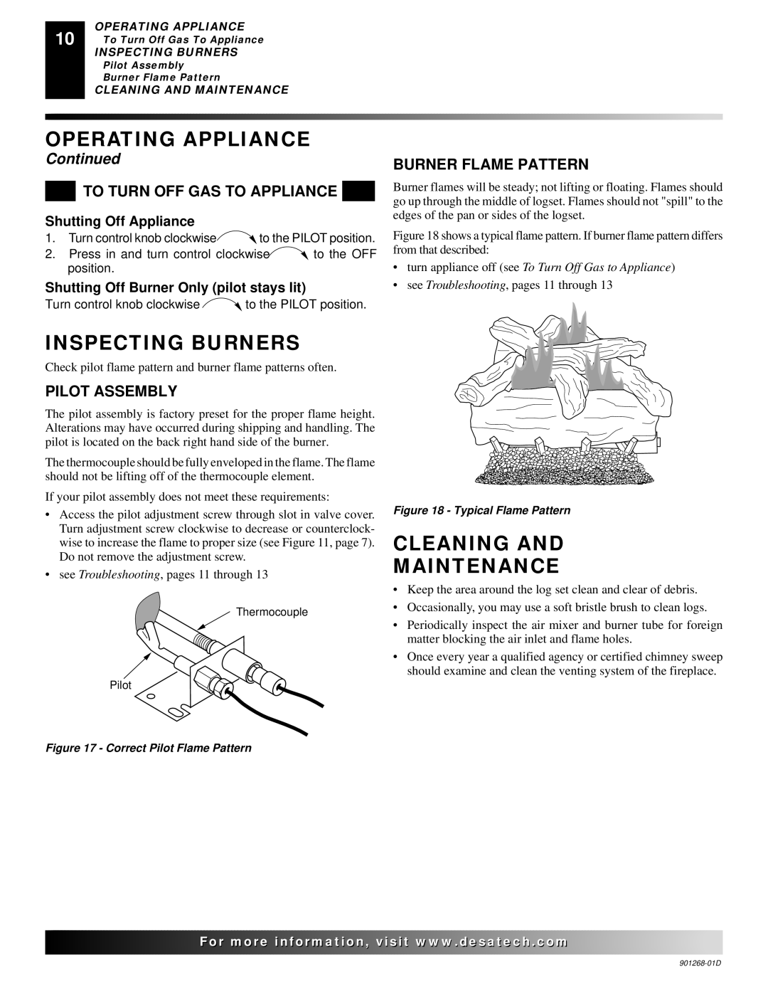 Desa FVSA24M Inspecting Burners, Cleaning Maintenance, To Turn OFF GAS to Appliance, Burner Flame Pattern, Pilot Assembly 