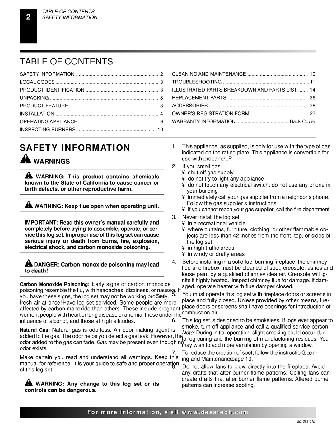 Desa VVDA18M, VVSA24M, VVDA24M, VVDA30M, VVSA18M, VSLR18, FVDA24M, VDLCR18, VSLR24, FVSA18M Table of Contents, Safety Information 