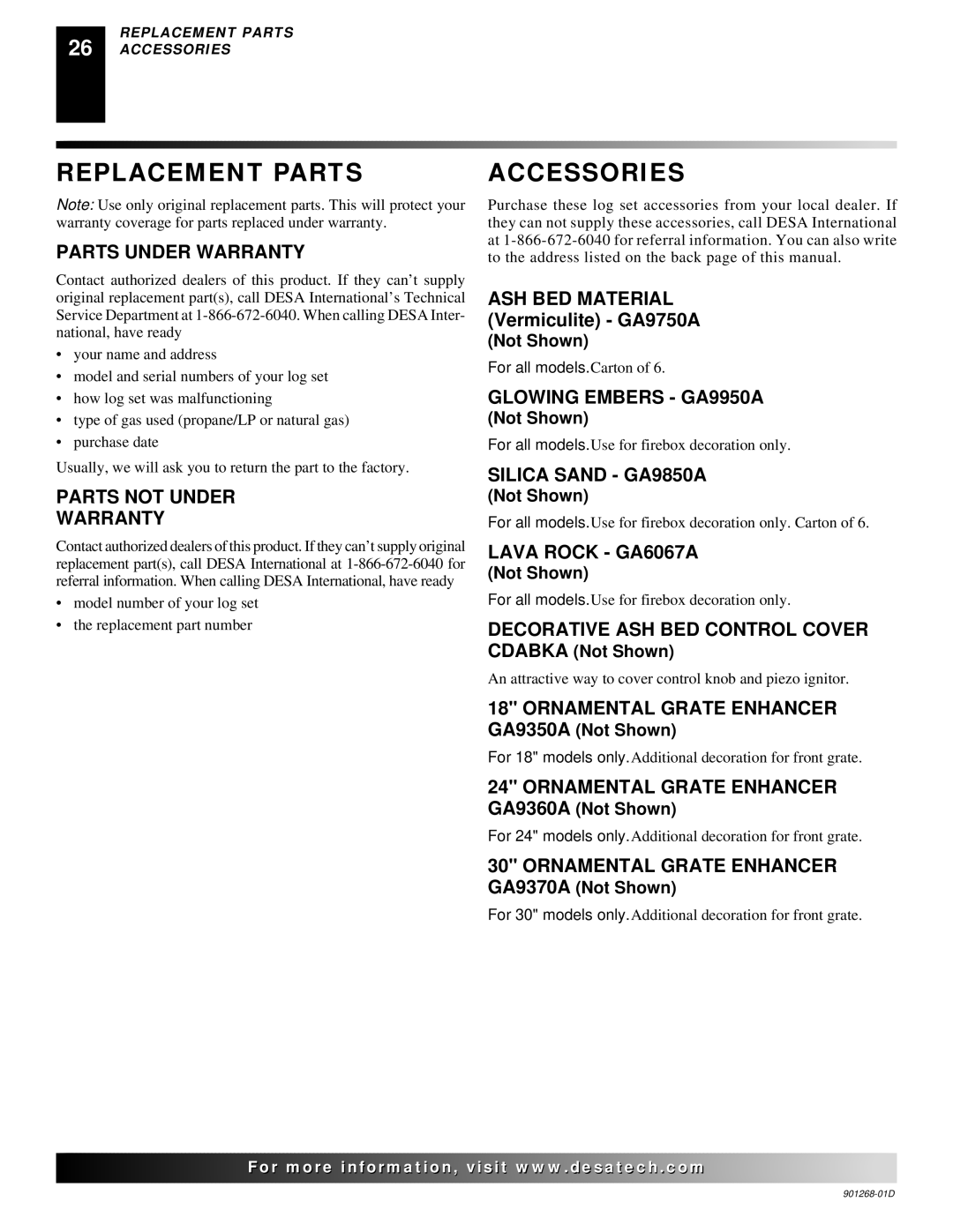 Desa VDLCR30, VVSA24M, VVDA24M, VVDA18M, VVDA30M, VVSA18M, VSLR18, FVDA24M, VDLCR18, VSLR24, FVSA18M Replacement Parts, Accessories 