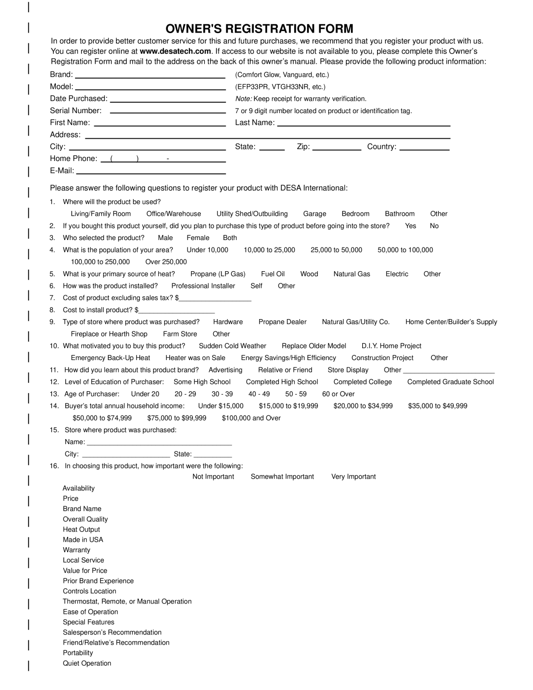 Desa FVDA30M, VVSA24M, VVDA24M, VVDA18M, VVDA30M, VVSA18M, VSLR18, FVDA24M, VDLCR18, VSLR24, FVSA18M Owners Registration Form 