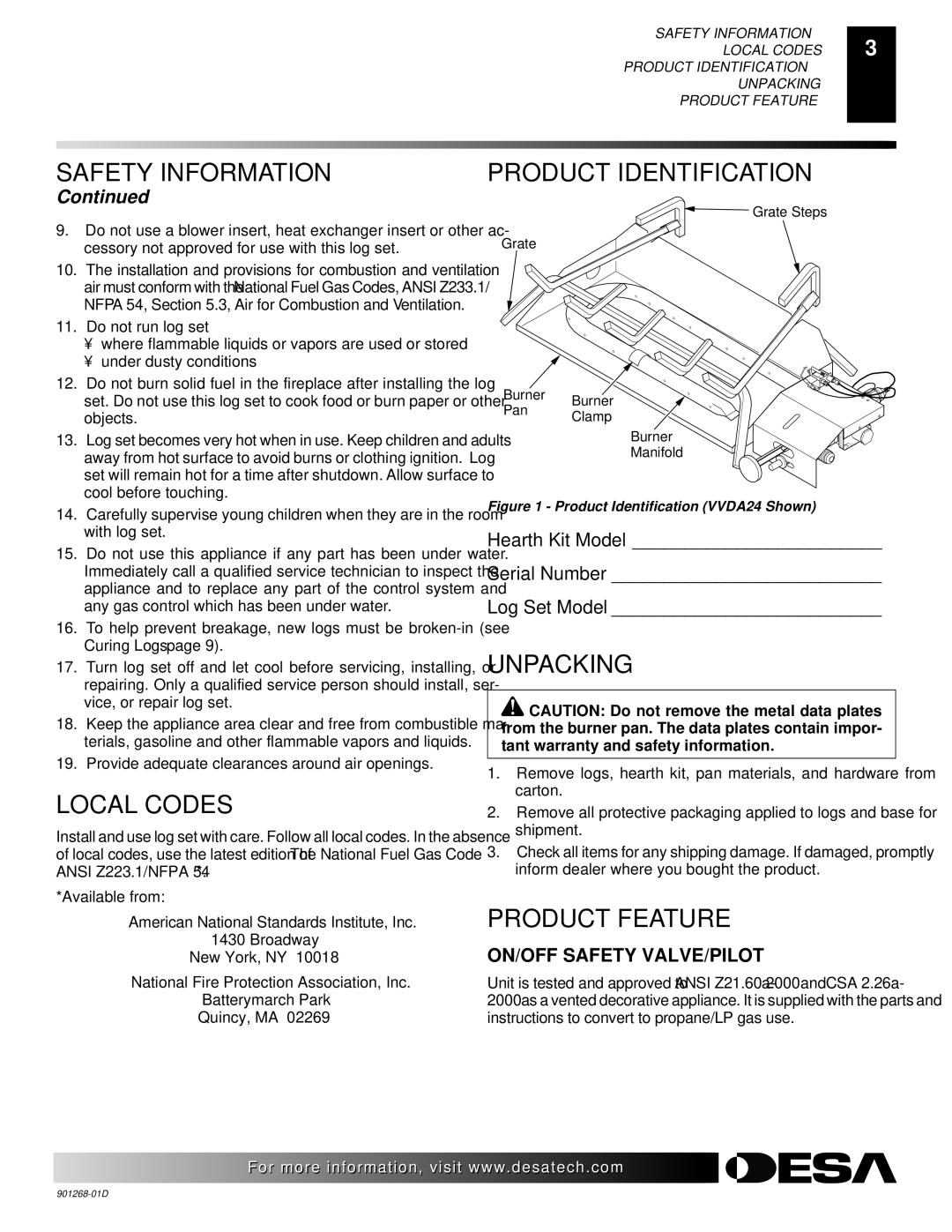 Desa VVDA30M, VVSA24M, VVDA24M Local Codes, Product Identification, Unpacking, Product Feature, ON/OFF Safety VALVE/PILOT 