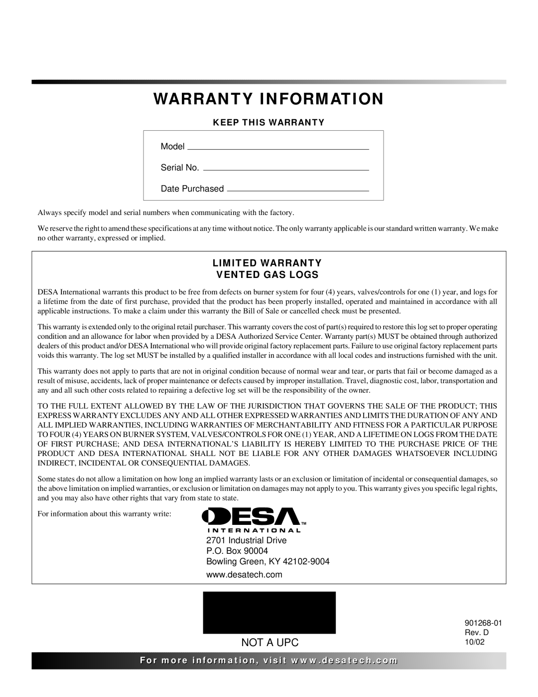 Desa VVSA24M, VVDA24M, VVDA18M, VVDA30M, VVSA18M, VSLR18, FVDA24M, VSLR24 Warranty Information, Limited Warranty Vented GAS Logs 