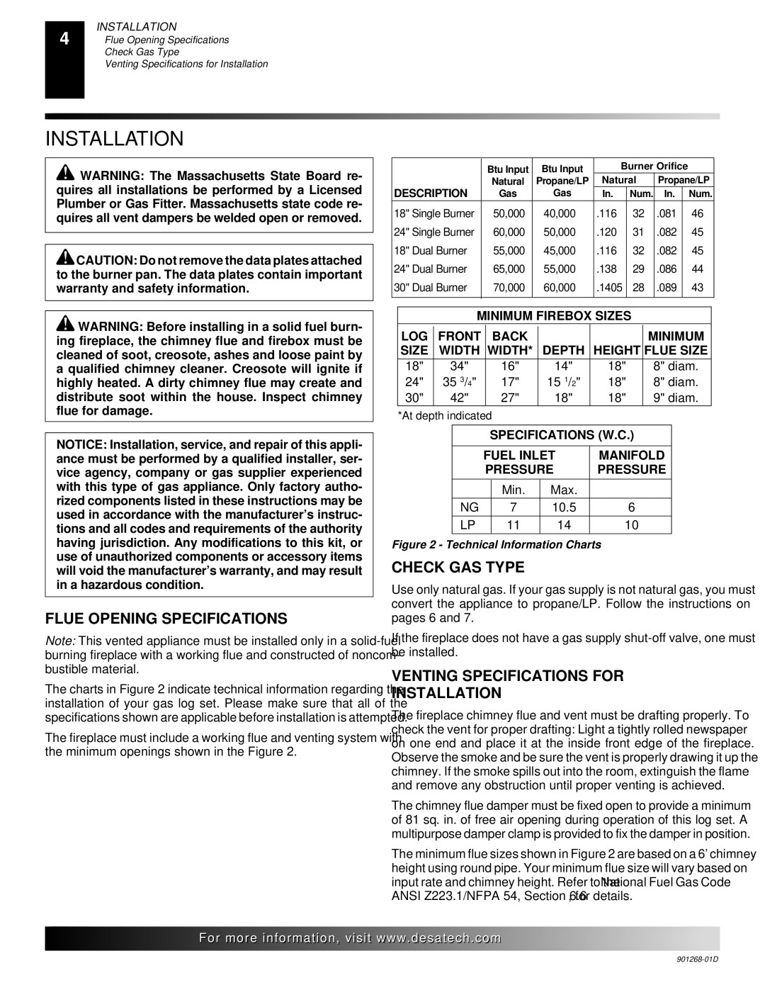 Desa VVSA18M, VVSA24M, VVDA24M Flue Opening Specifications, Check GAS Type, Venting Specifications for Installation 