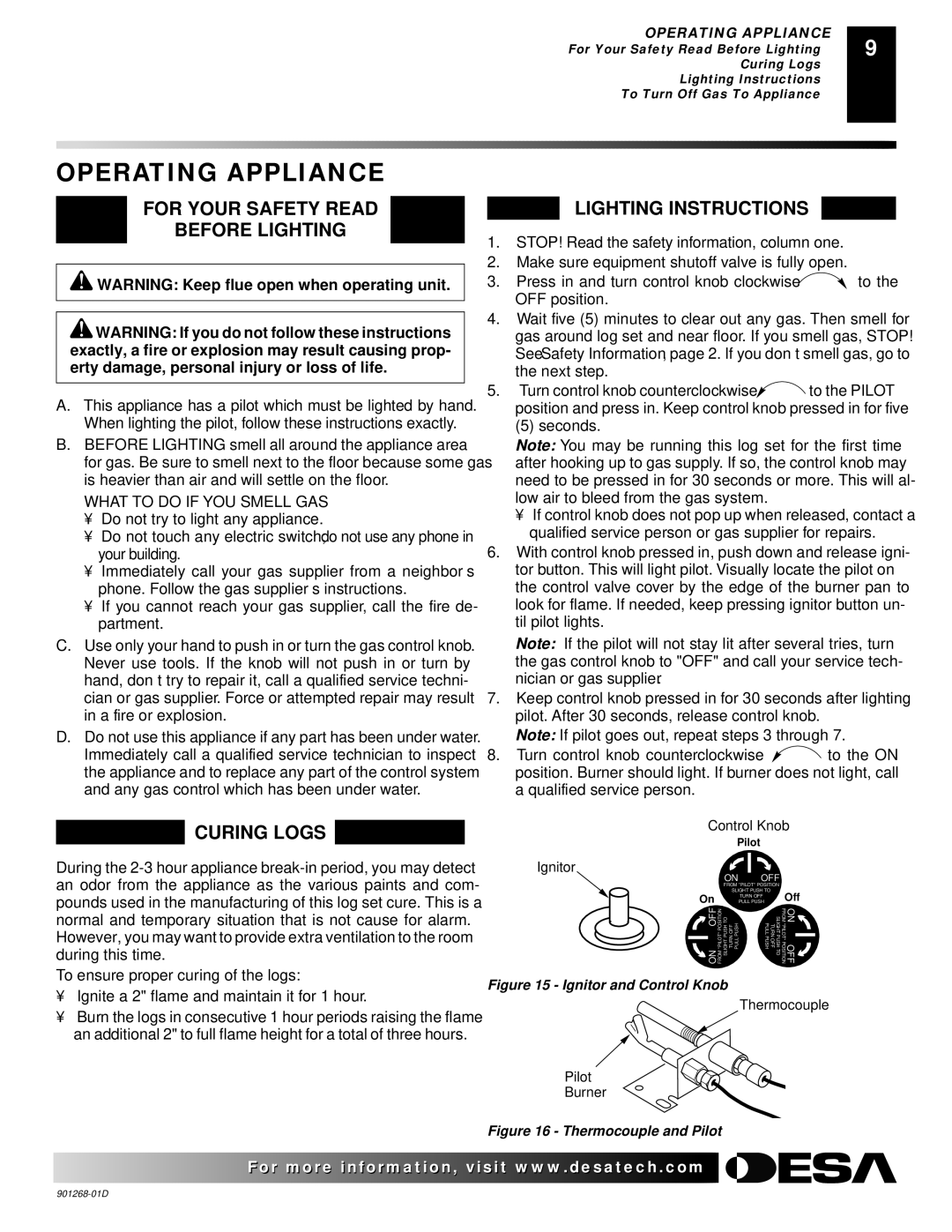 Desa FVSA18M, VVSA24M, VVDA24M Operating Appliance, For Your Safety Read Before Lighting, Curing Logs Lighting Instructions 