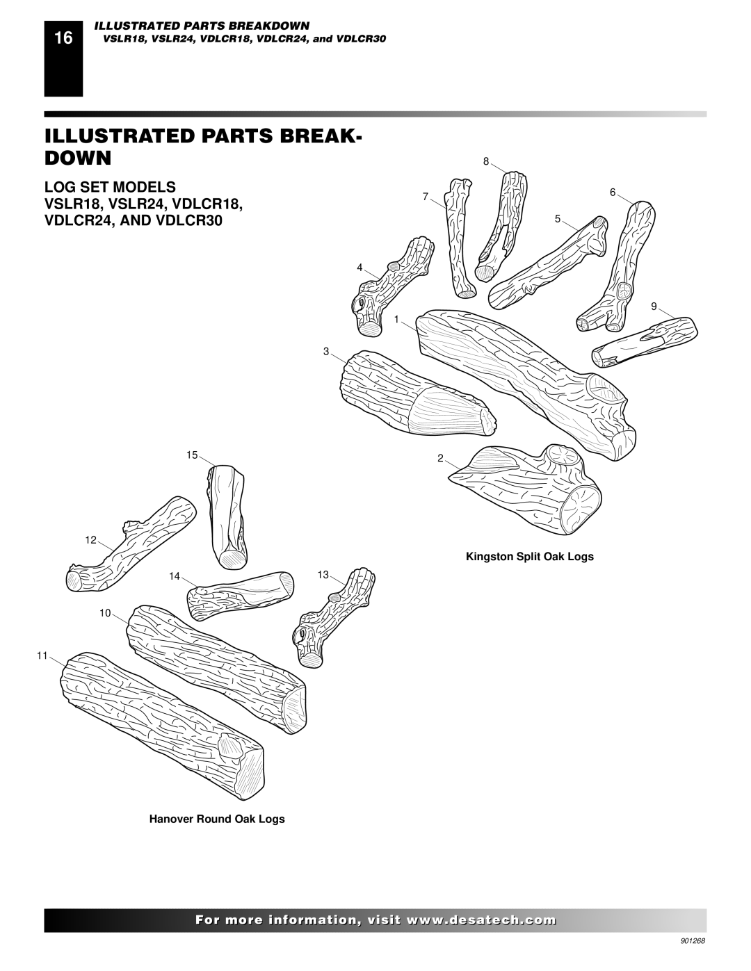 Desa VVDA24M, VVSA24M, VVDA18M Illustrated Parts Break Down, LOG SET Models VSLR18, VSLR24, VDLCR18 VDLCR24, and VDLCR30 