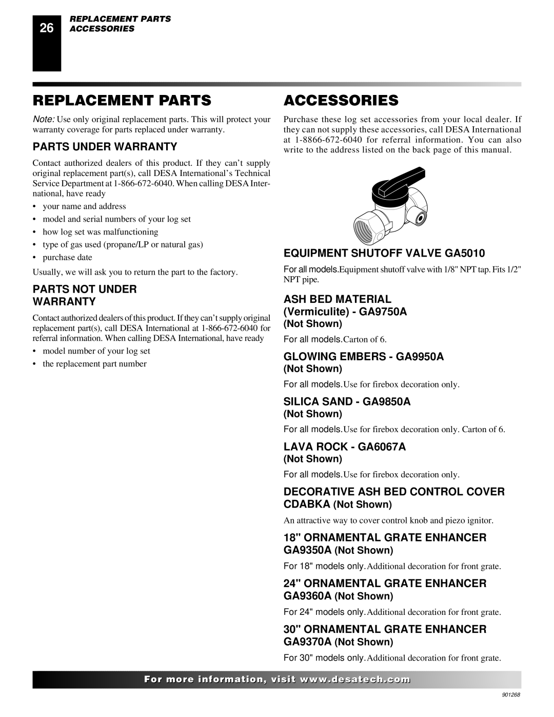 Desa VVDA24M, VVSA24M, VVDA18M, VVDA30M, VVSA18M installation manual Replacement Parts, Accessories 