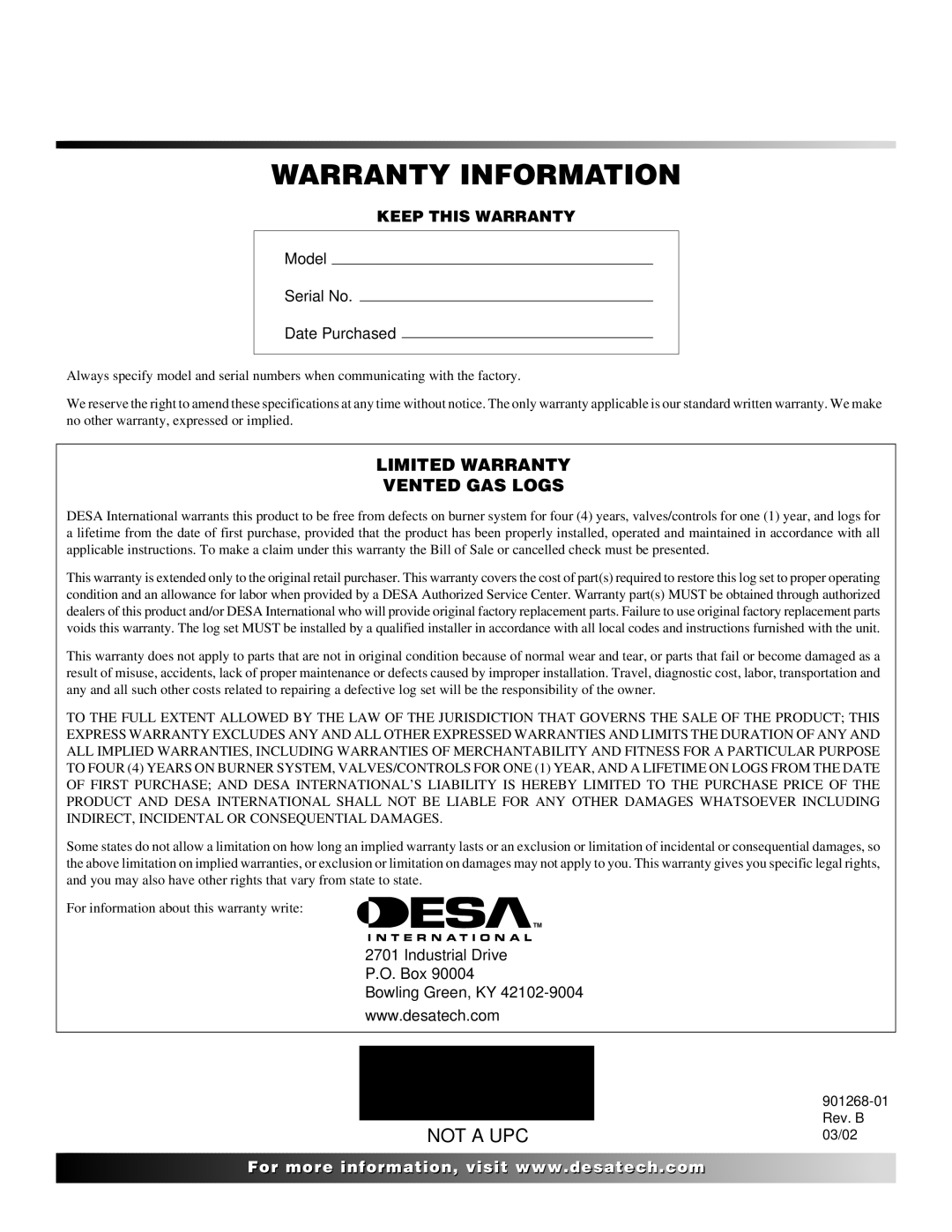 Desa VVDA30M, VVSA24M, VVDA24M, VVDA18M, VVSA18M installation manual Warranty Information, Limited Warranty Vented GAS Logs 