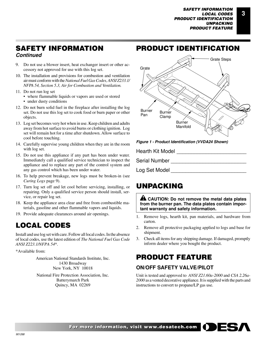 Desa VVDA30M, VVSA24M, VVDA24M Local Codes, Product Identification, Unpacking, Product Feature, ON/OFF Safety VALVE/PILOT 