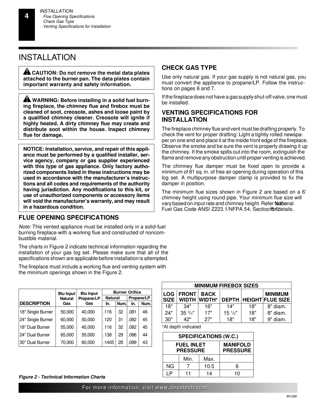 Desa VVSA18M, VVSA24M, VVDA24M Check GAS Type, Venting Specifications for Installation, Flue Opening Specifications 