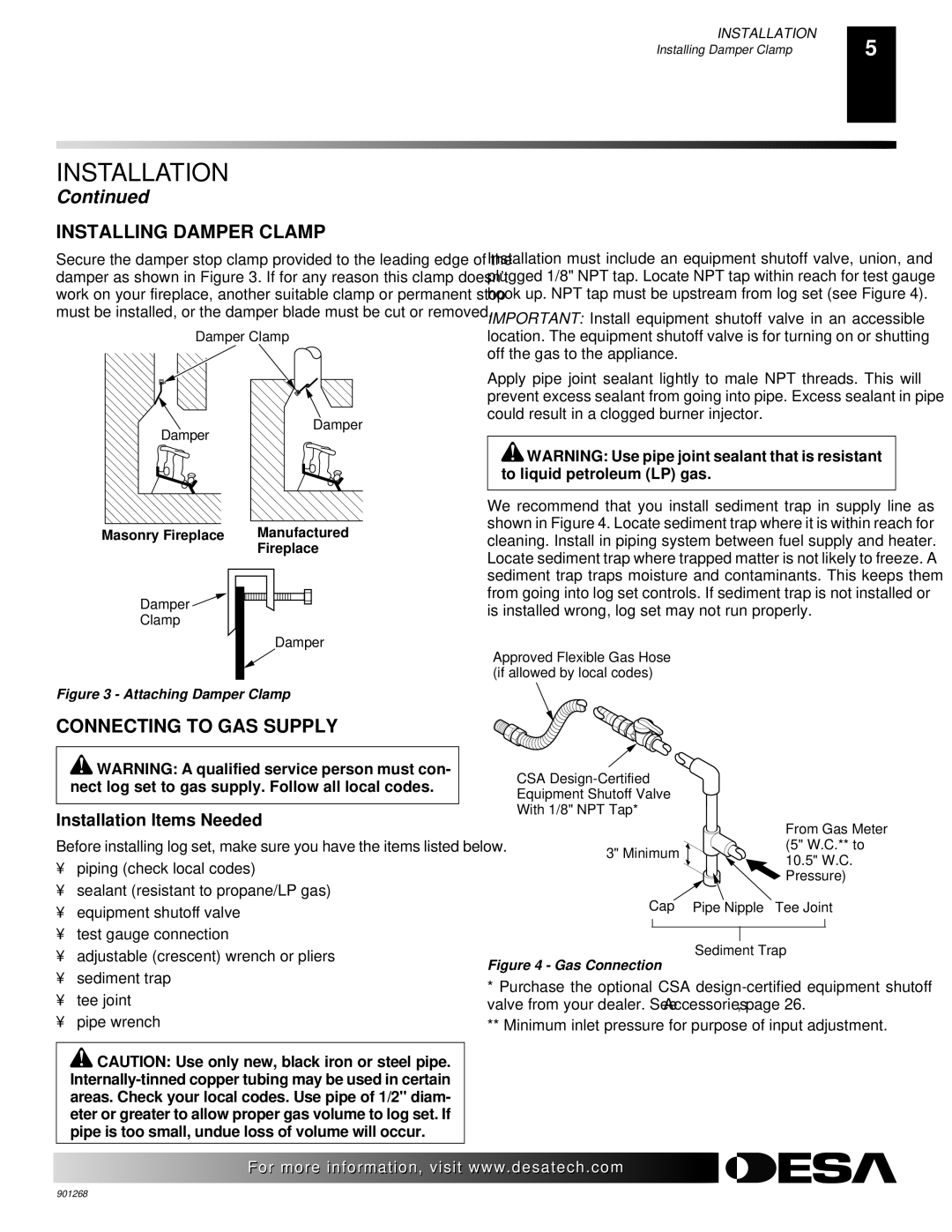 Desa VVSA24M, VVDA24M, VVDA18M, VVDA30M, VVSA18M installation manual Installing Damper Clamp, Connecting to GAS Supply 