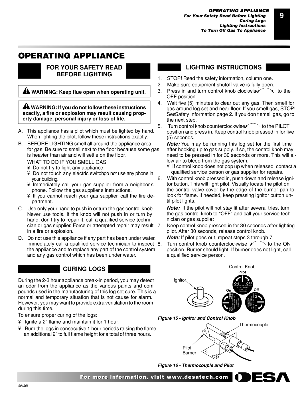 Desa VVSA18M, VVSA24M, VVDA24M Operating Appliance, For Your Safety Read Before Lighting, Curing Logs Lighting Instructions 