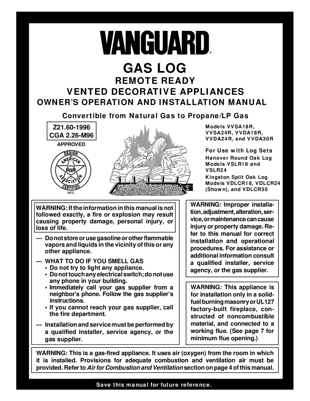 Desa installation manual What to do if YOU Smell GAS, For Use with Log Sets, Models VVSA18R, VVDA24R, and VVDA30R 