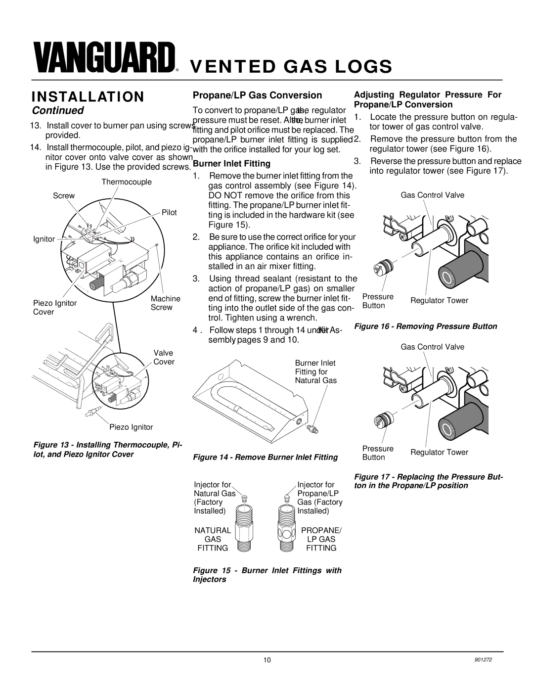 Desa VVDA18R Propane/LP Gas Conversion, Burner Inlet Fitting, Adjusting Regulator Pressure For Propane/LP Conversion 