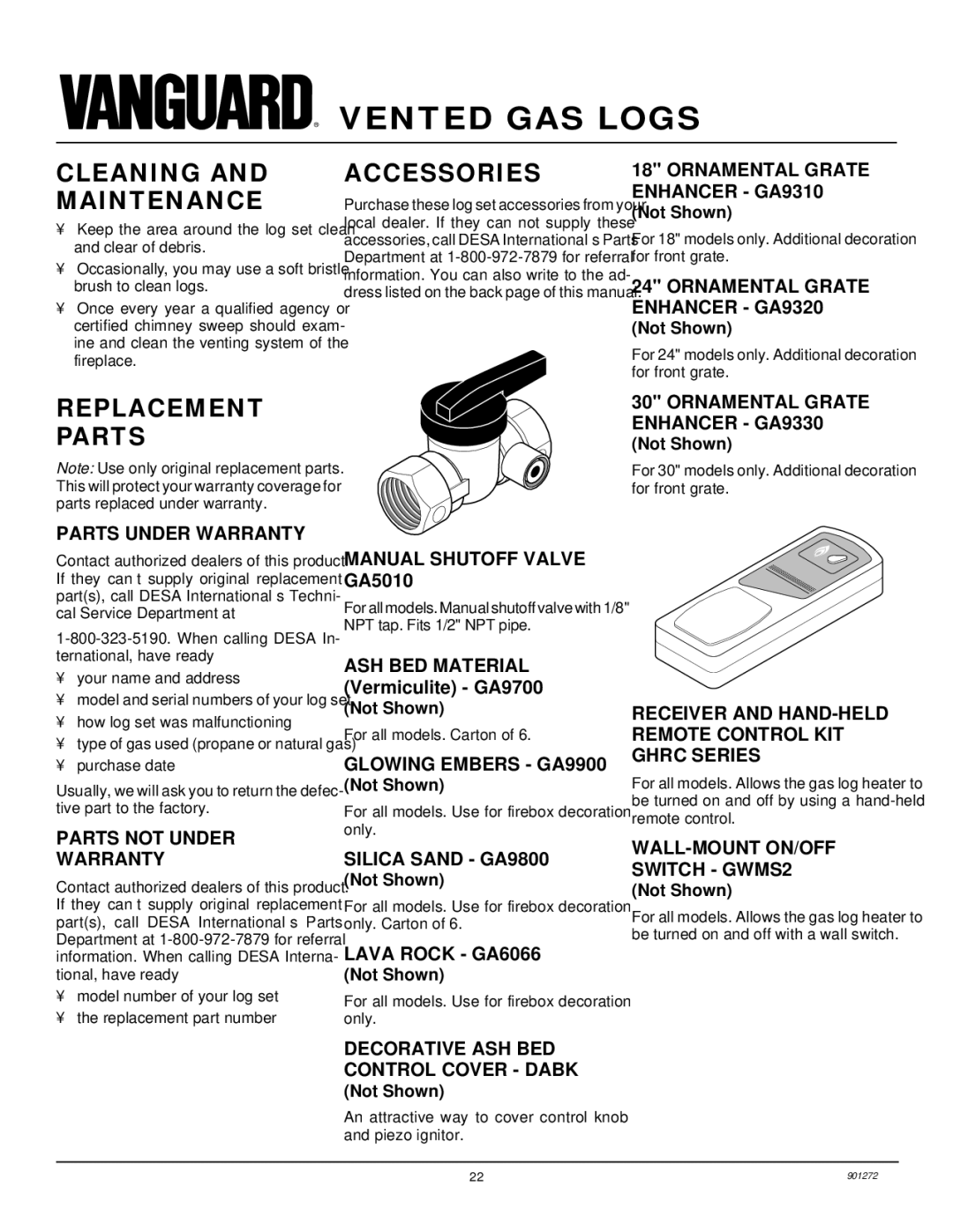 Desa VVDA18R, VVSA24R, VVDA24R, VVSA18R installation manual Cleaning and Maintenance, Replacement Parts, Accessories 