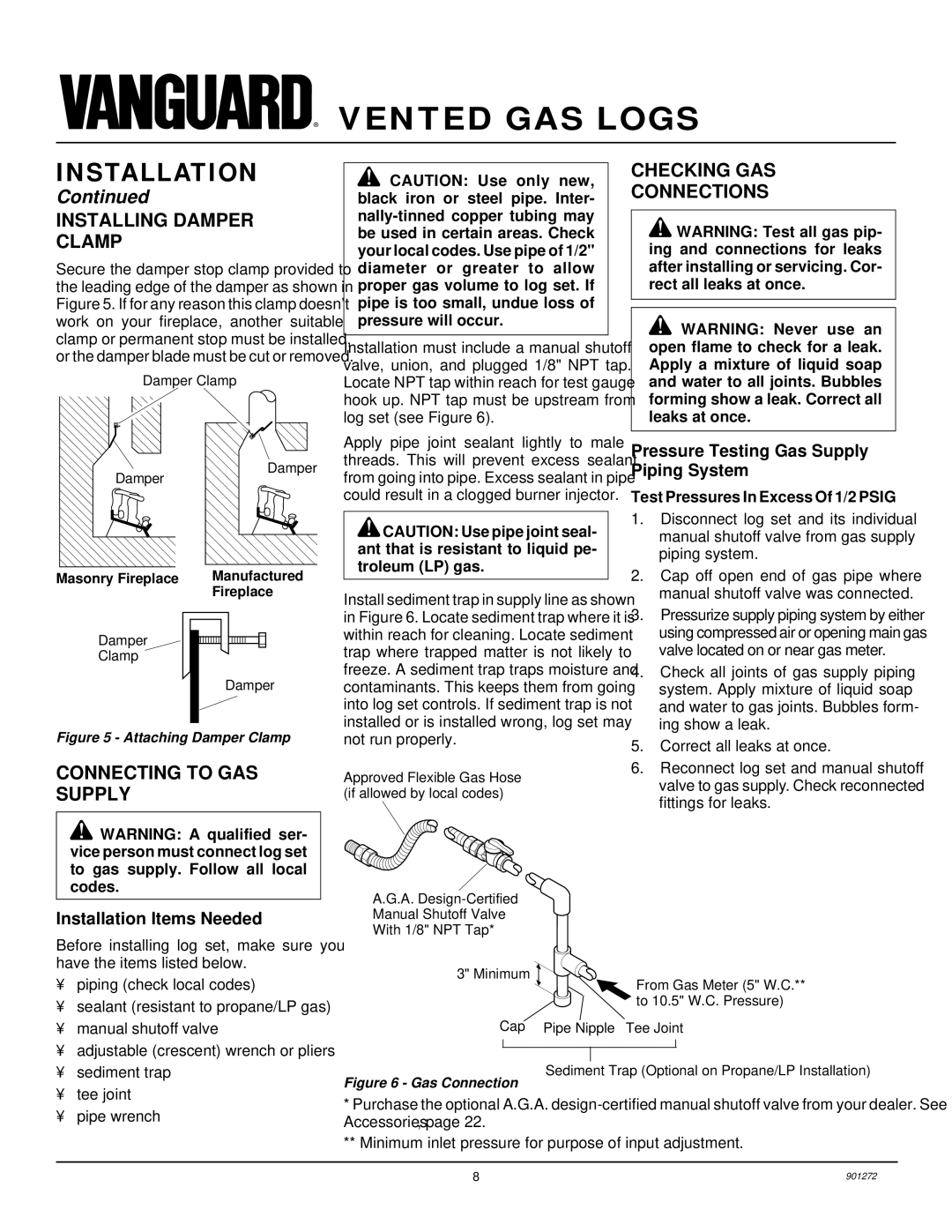 Desa VVSA24R Installing Damper Clamp, Connecting to GAS Supply, Checking GAS Connections, Installation Items Needed 