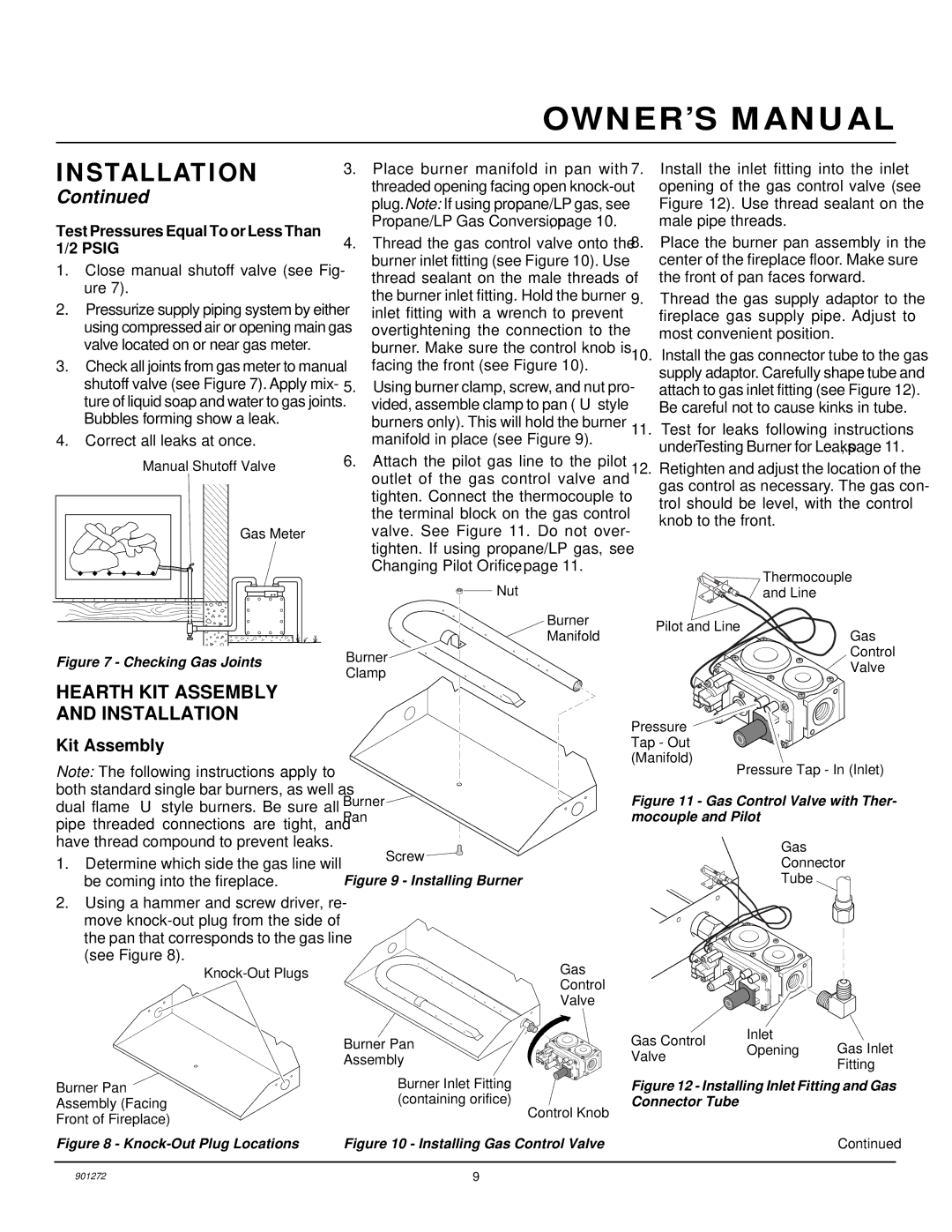 Desa VVDA24R, VVSA24R Hearth KIT Assembly and Installation, Kit Assembly, Test Pressures Equal To or Less Than 1/2 Psig 