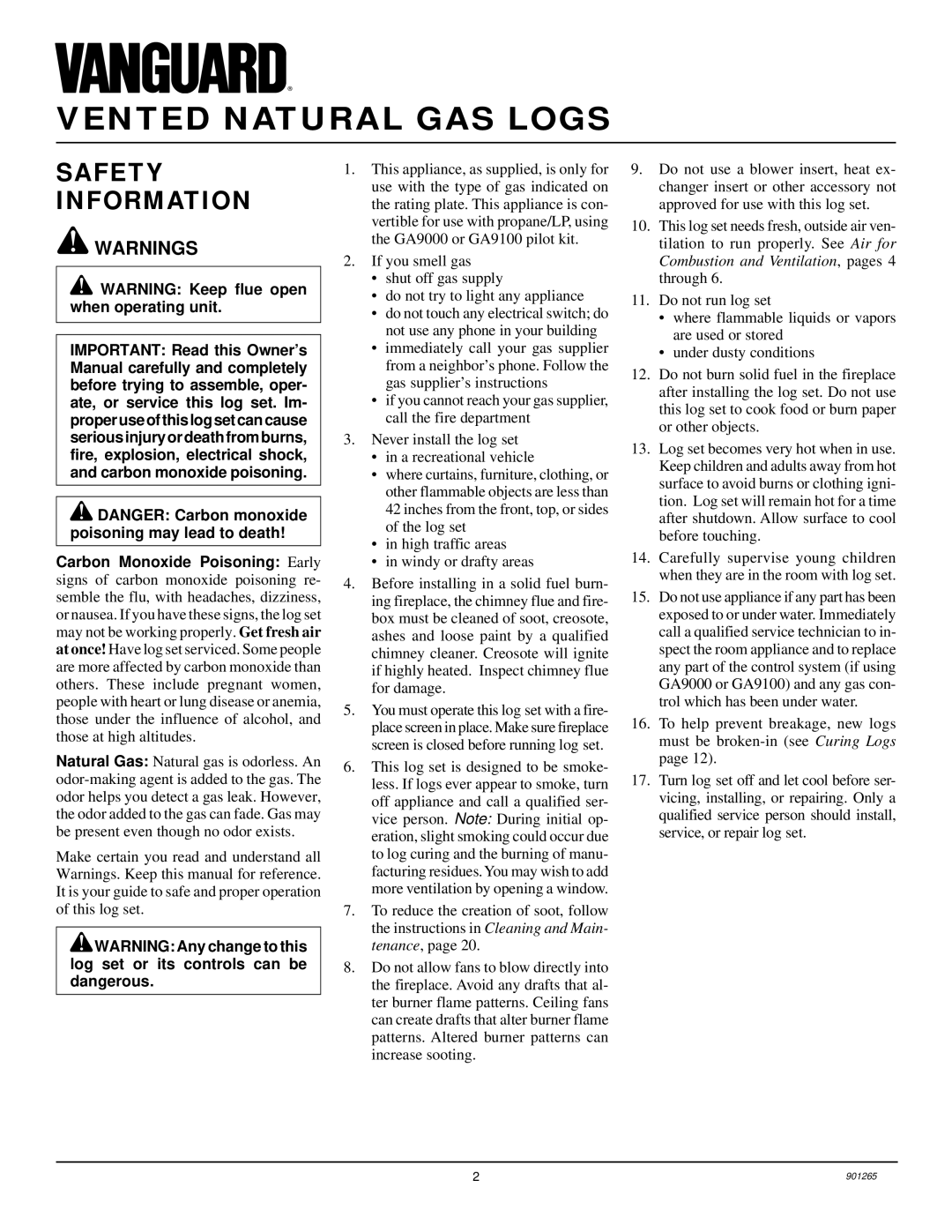 Desa VVSR18 installation manual Vented Natural GAS Logs, Safety Information 