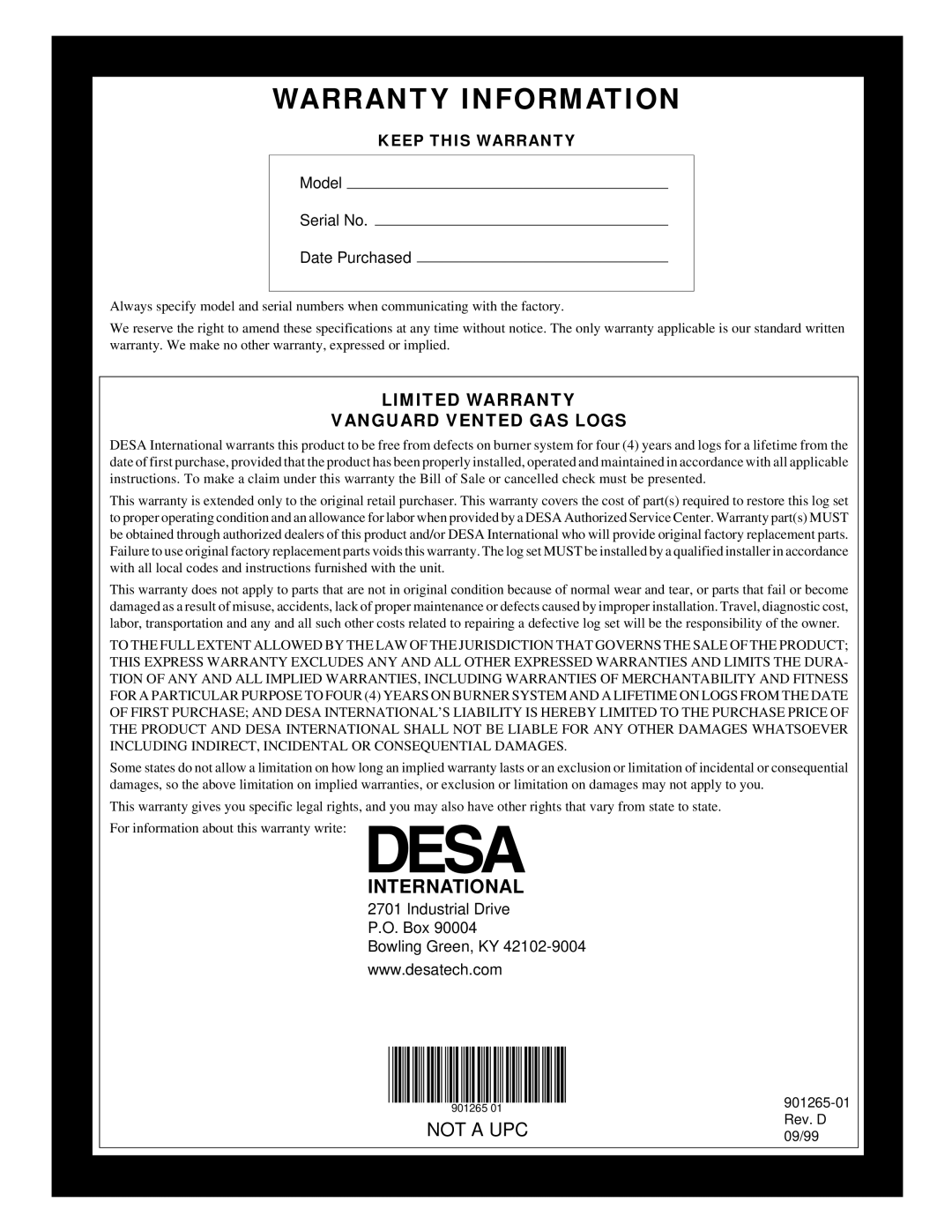 Desa VVSR18 installation manual Warranty Information, International 