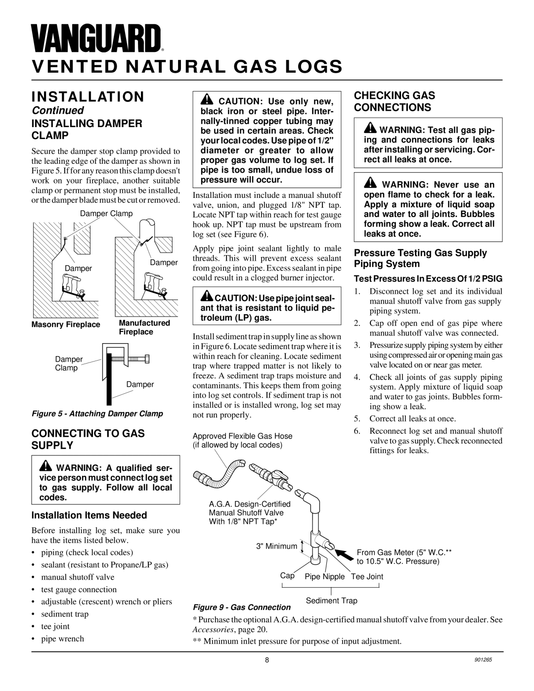 Desa VVSR18 Installing Damper Clamp, Connecting to GAS Supply, Checking GAS Connections, Installation Items Needed 