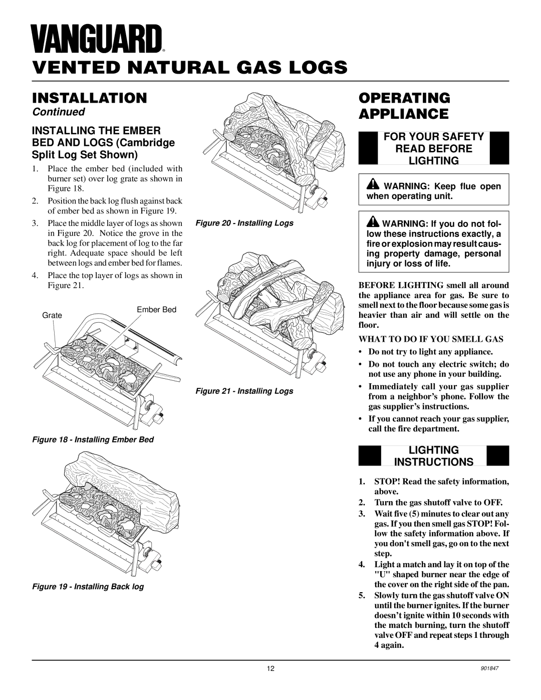 Desa VVTR24, VVTR18 Operating Appliance, Installing the Ember, For Your Safety Read Before Lighting, Lighting Instructions 