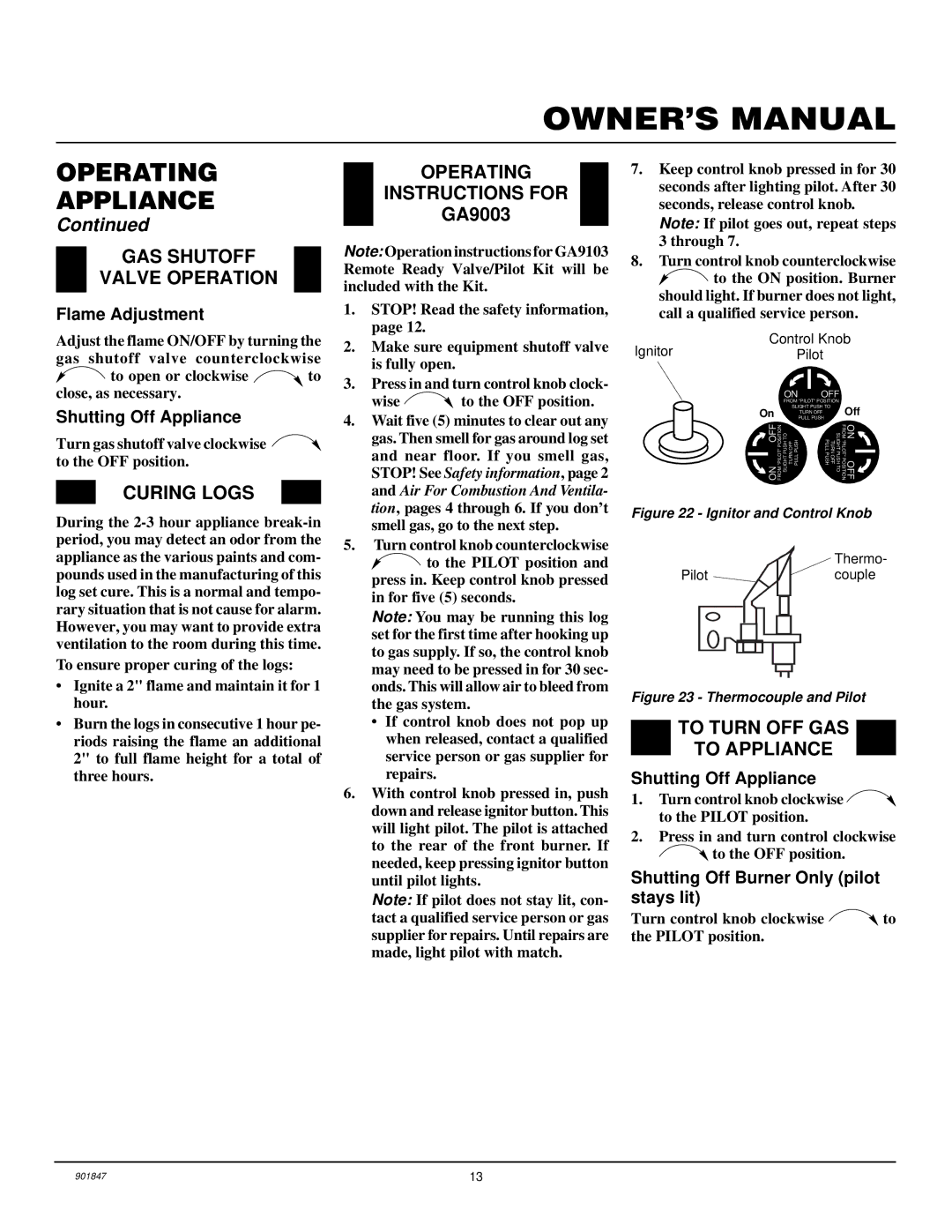 Desa VVTR18, VVTR24 GAS Shutoff Valve Operation, Curing Logs, Operating Instructions for, To Turn OFF GAS To Appliance 