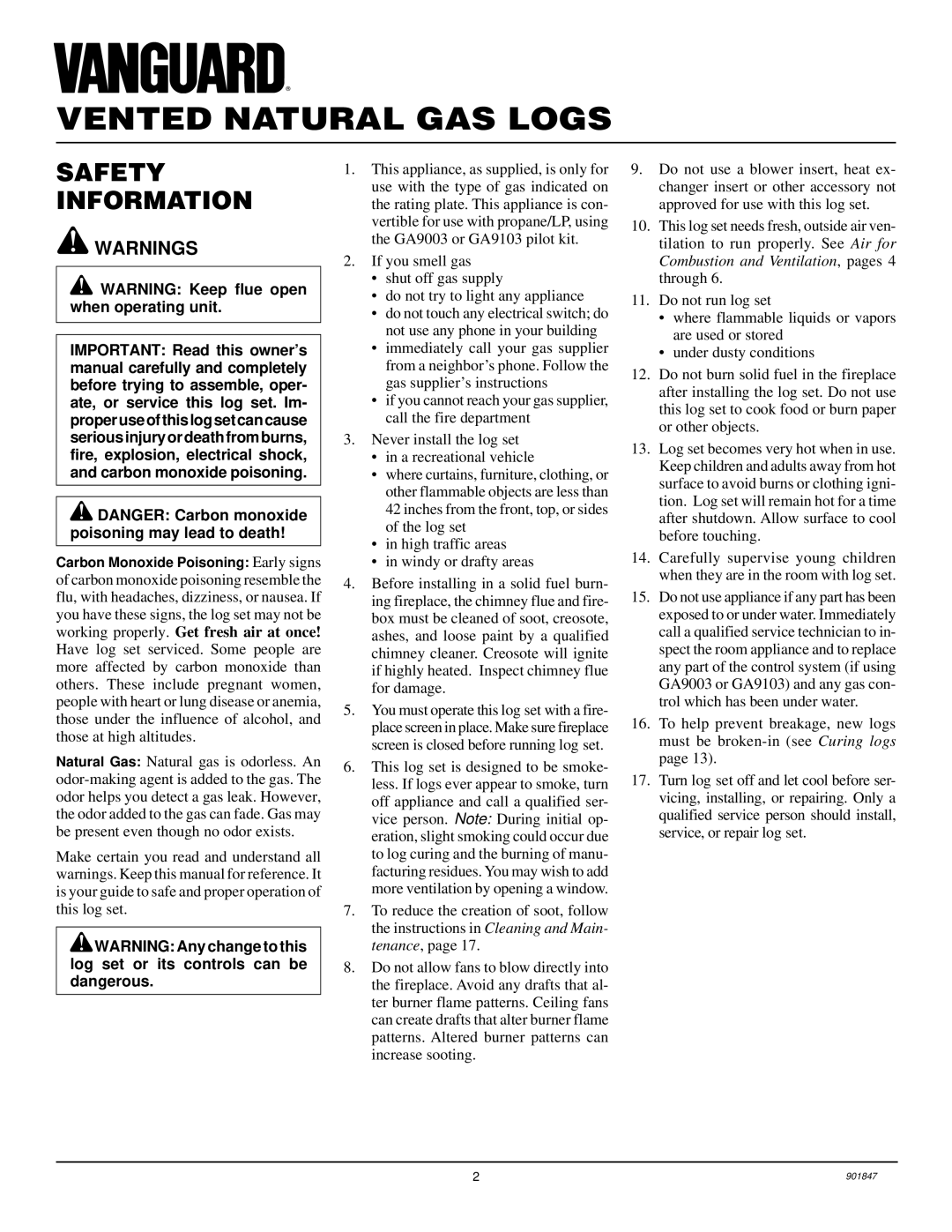 Desa VVTR24, VVTR18 installation manual Vented Natural GAS Logs, Safety Information 